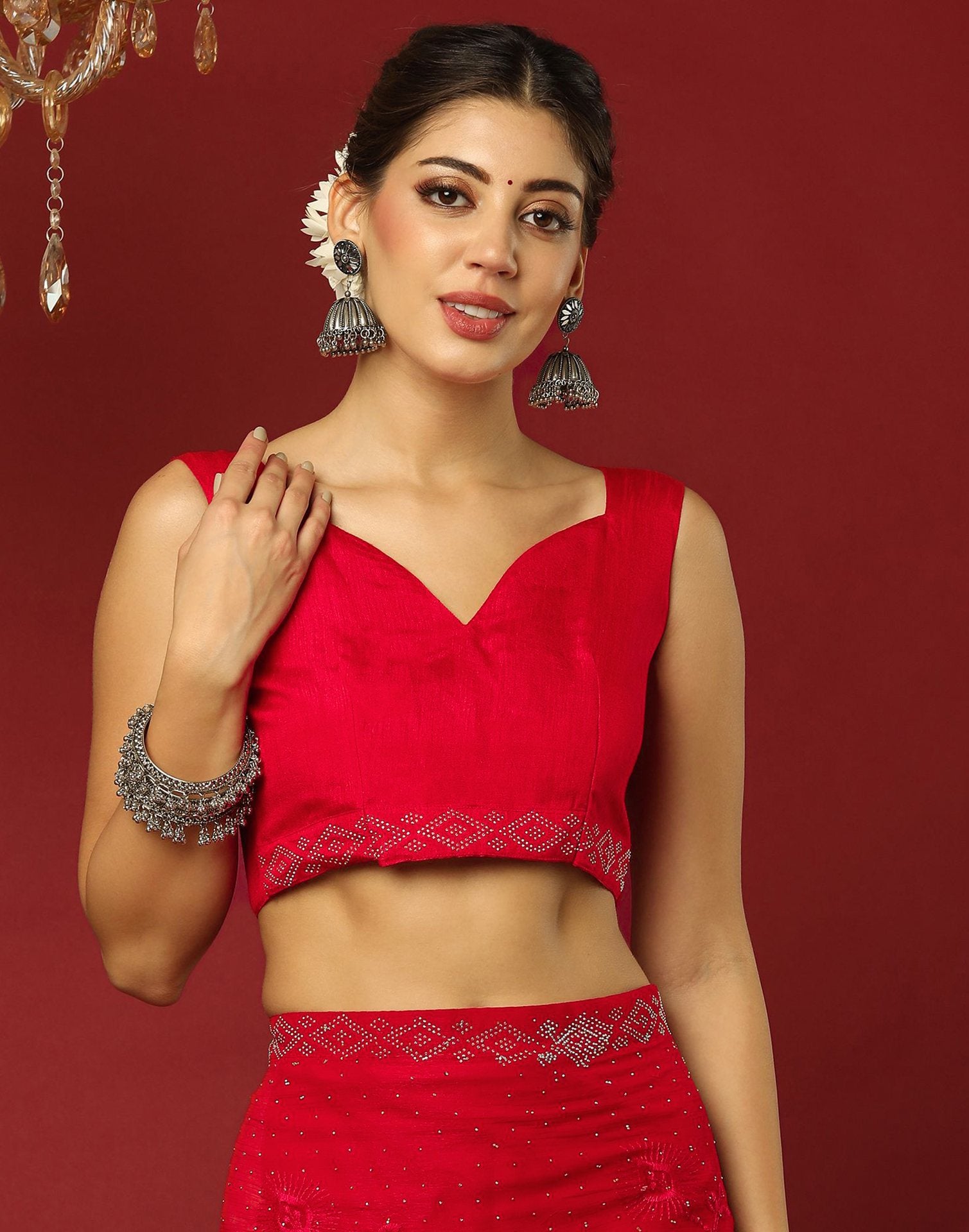 Red Chiffon Stone Work Swarovski Saree