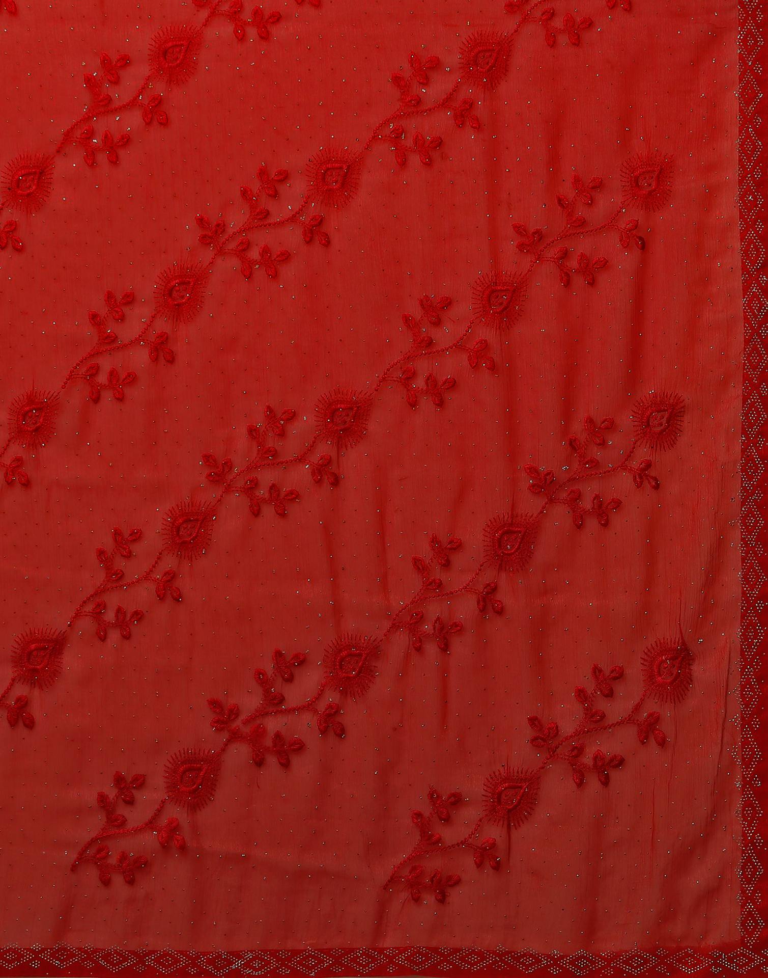 Red Chiffon Stone Work Swarovski Saree