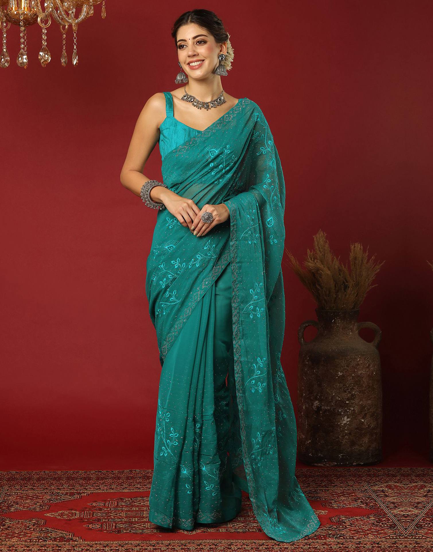 Green Chiffon Stone Work Swarovski Saree