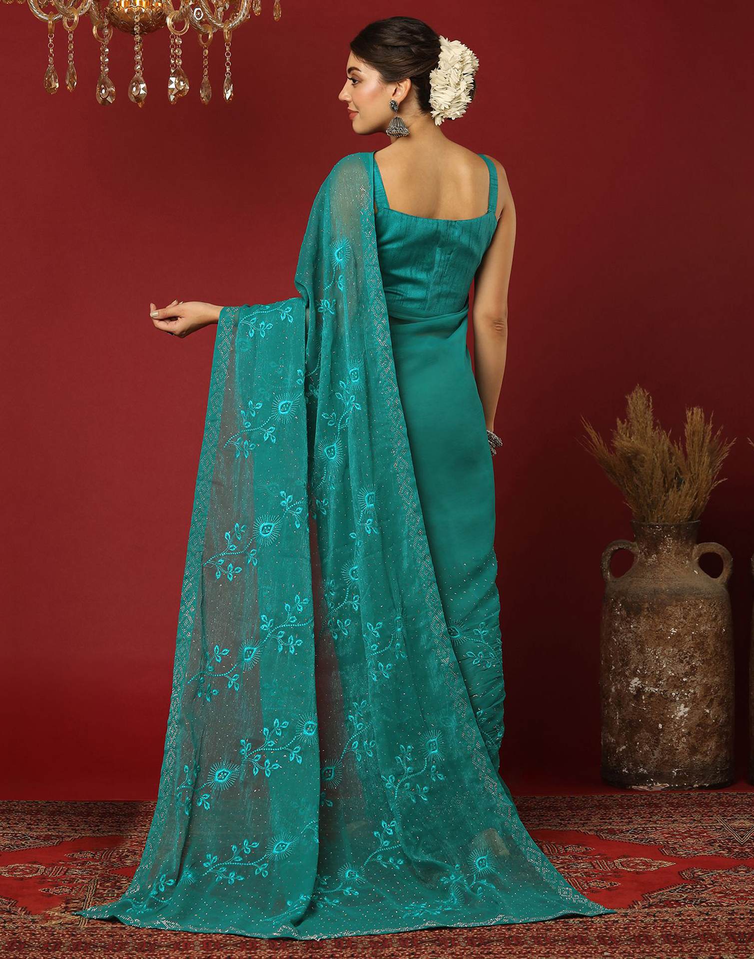 Green Chiffon Stone Work Swarovski Saree