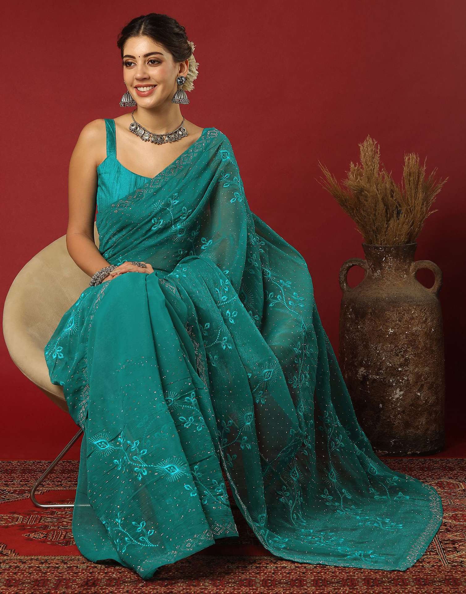 Green Chiffon Stone Work Swarovski Saree