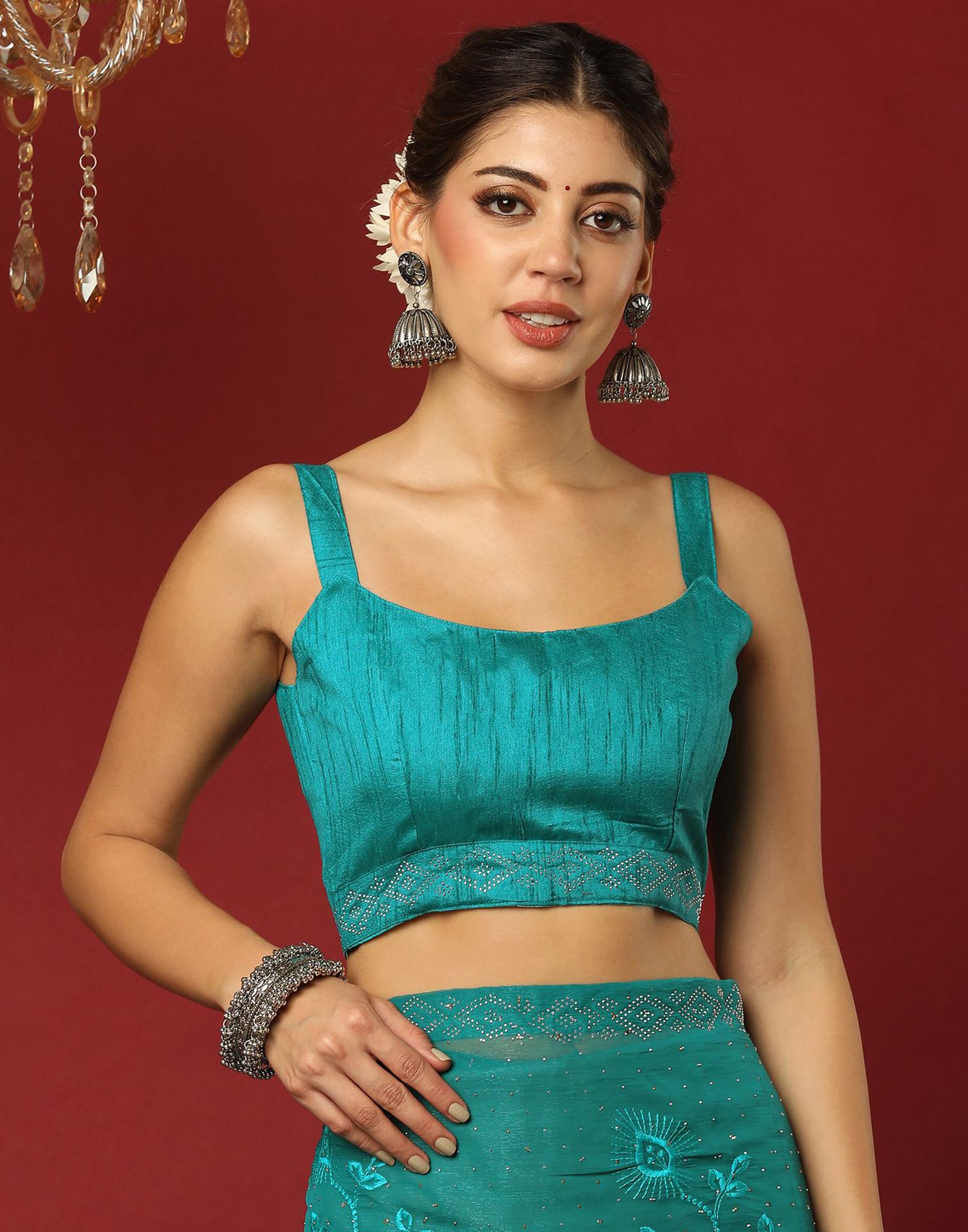 Green Chiffon Stone Work Swarovski Saree