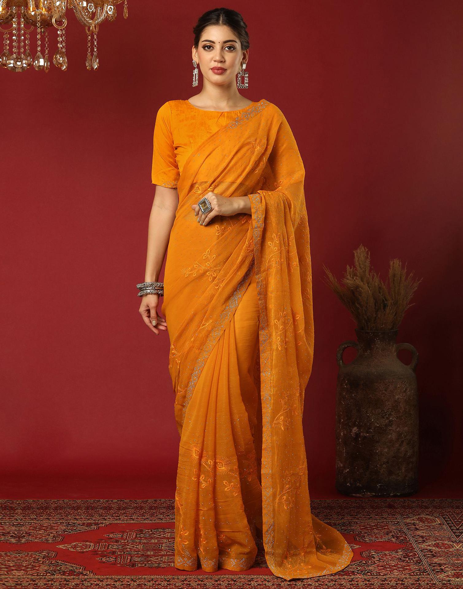 Yellow Chiffon Stone Work Swarovski Saree