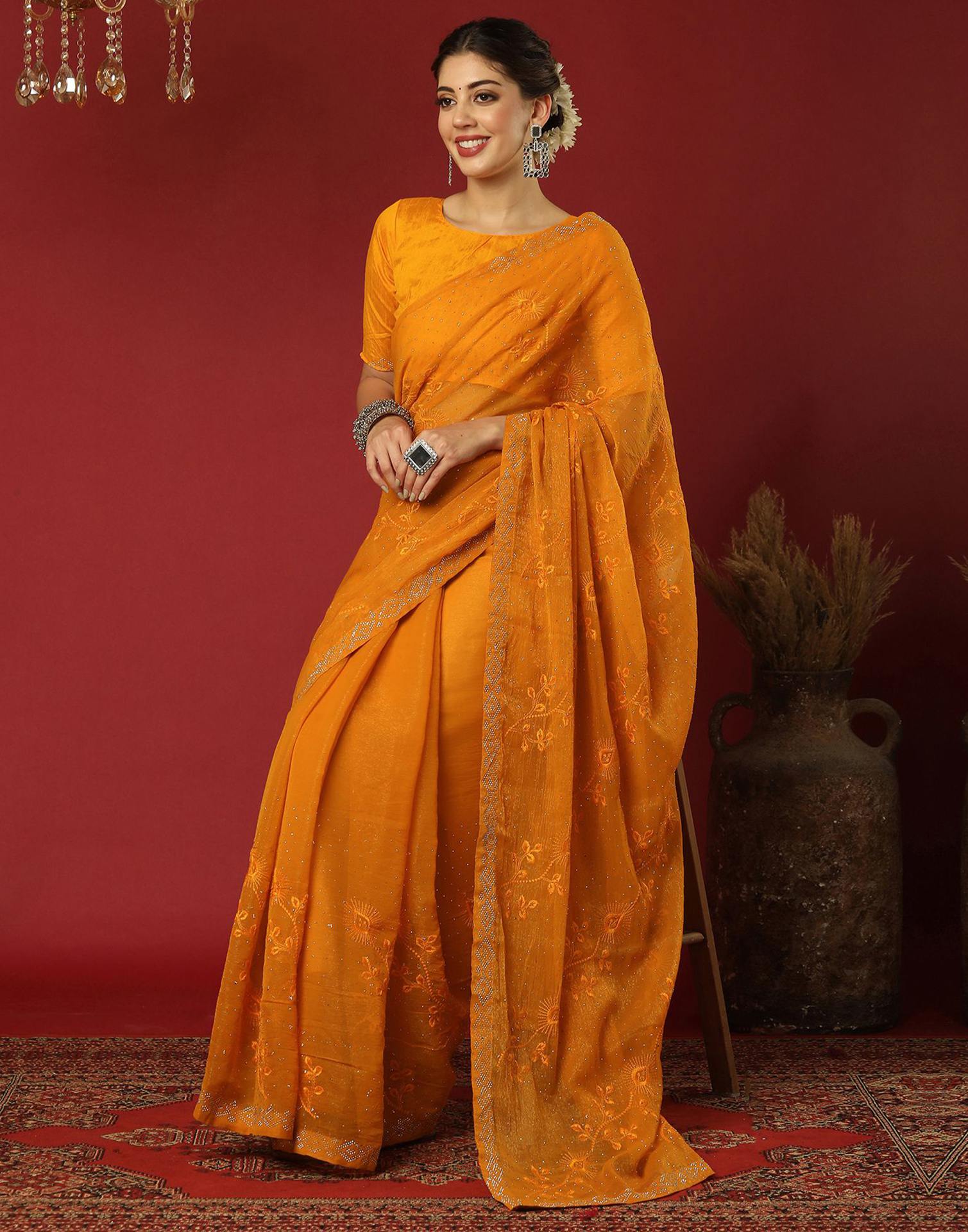 Yellow Chiffon Stone Work Swarovski Saree