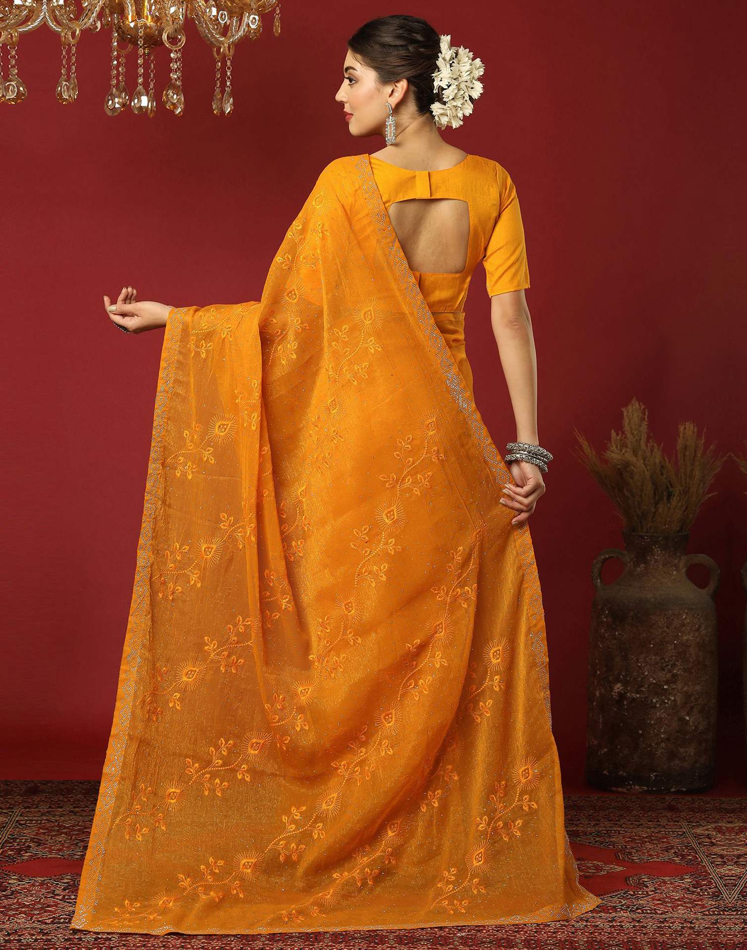 Yellow Chiffon Stone Work Swarovski Saree