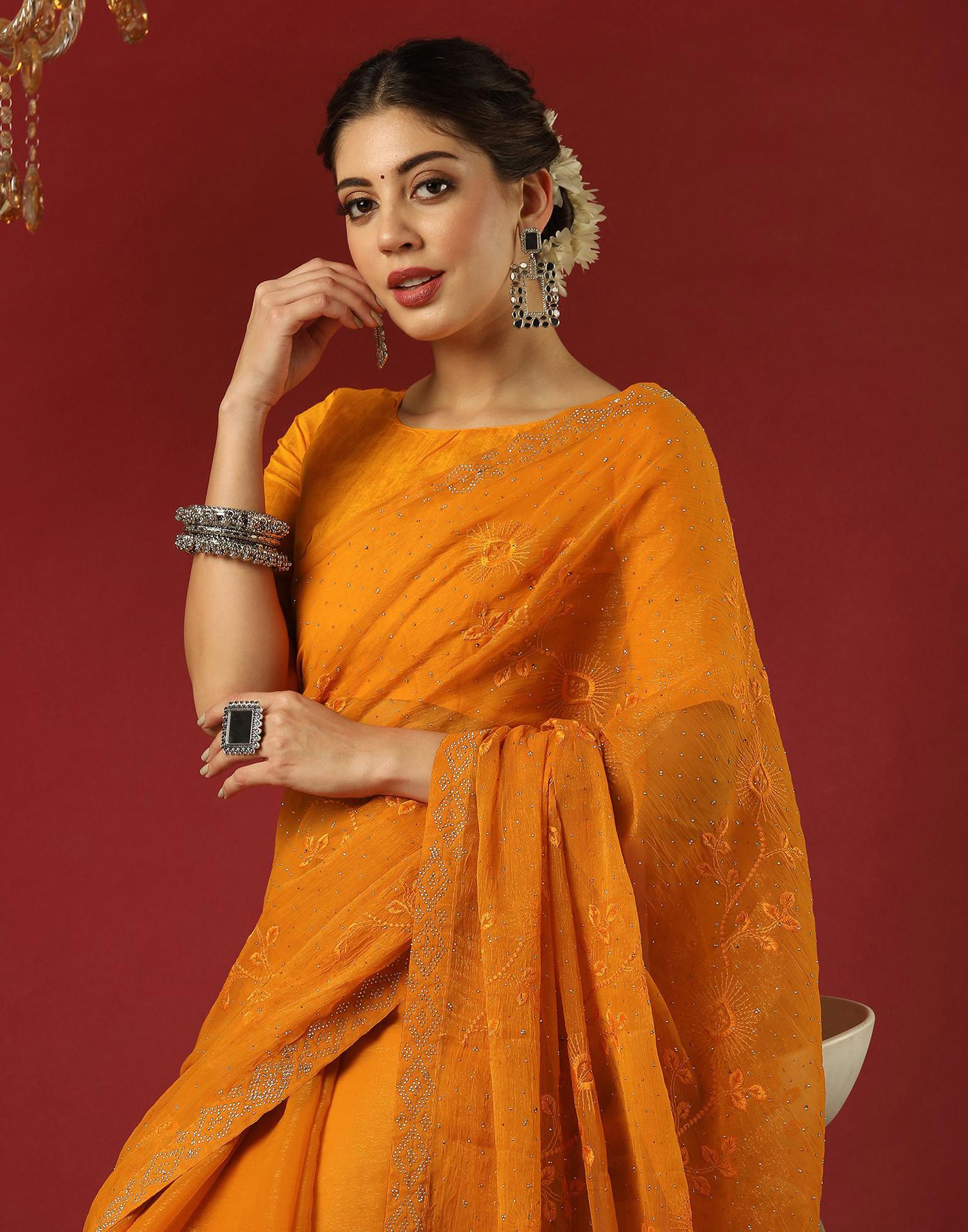 Yellow Chiffon Stone Work Swarovski Saree