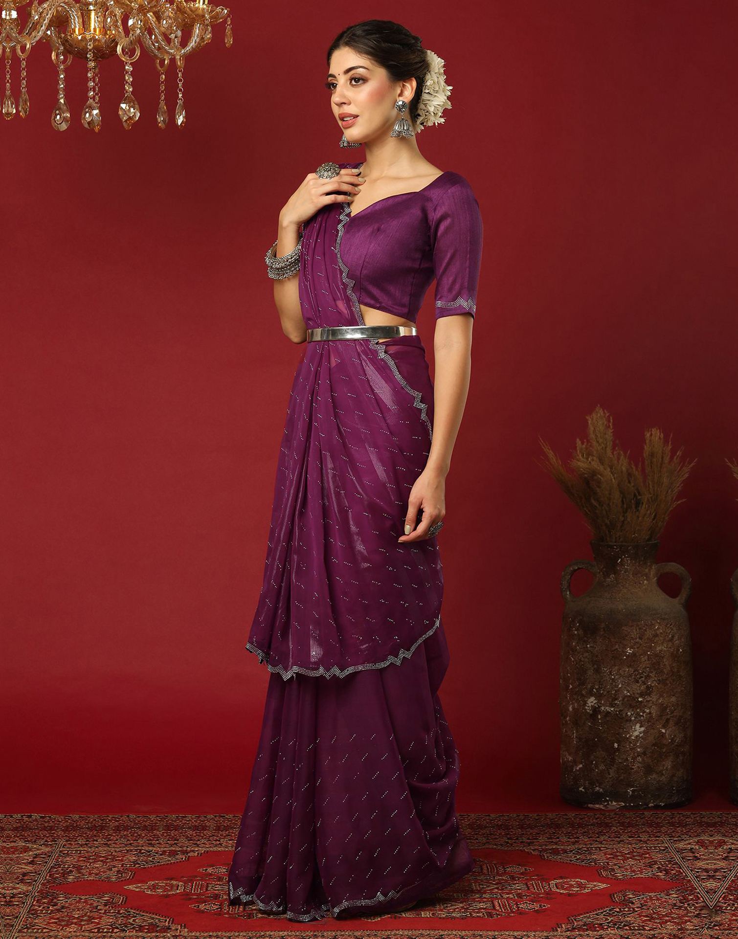 Dark Purple Georgette Stone Work Swarovski Saree