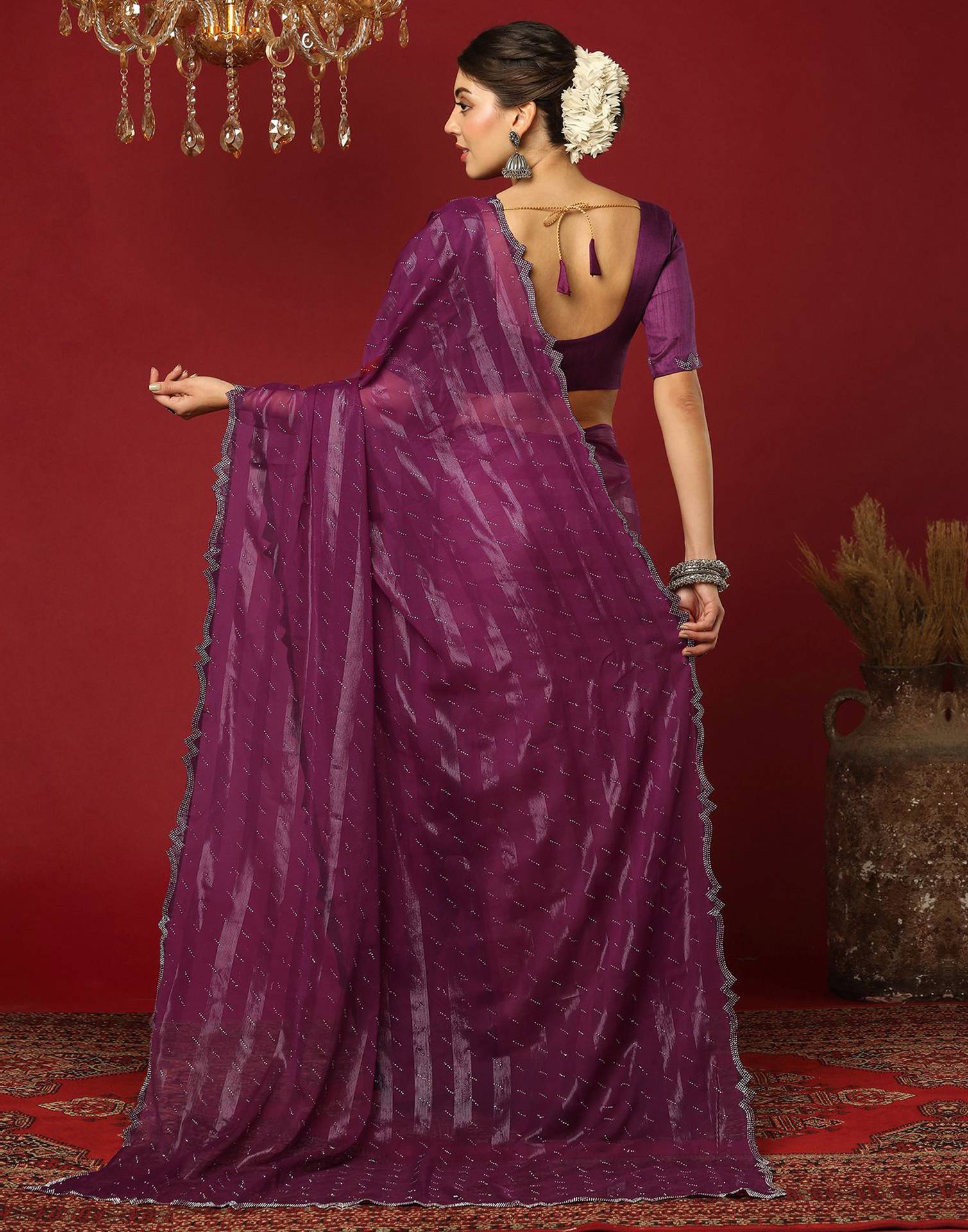 Dark Purple Georgette Stone Work Swarovski Saree