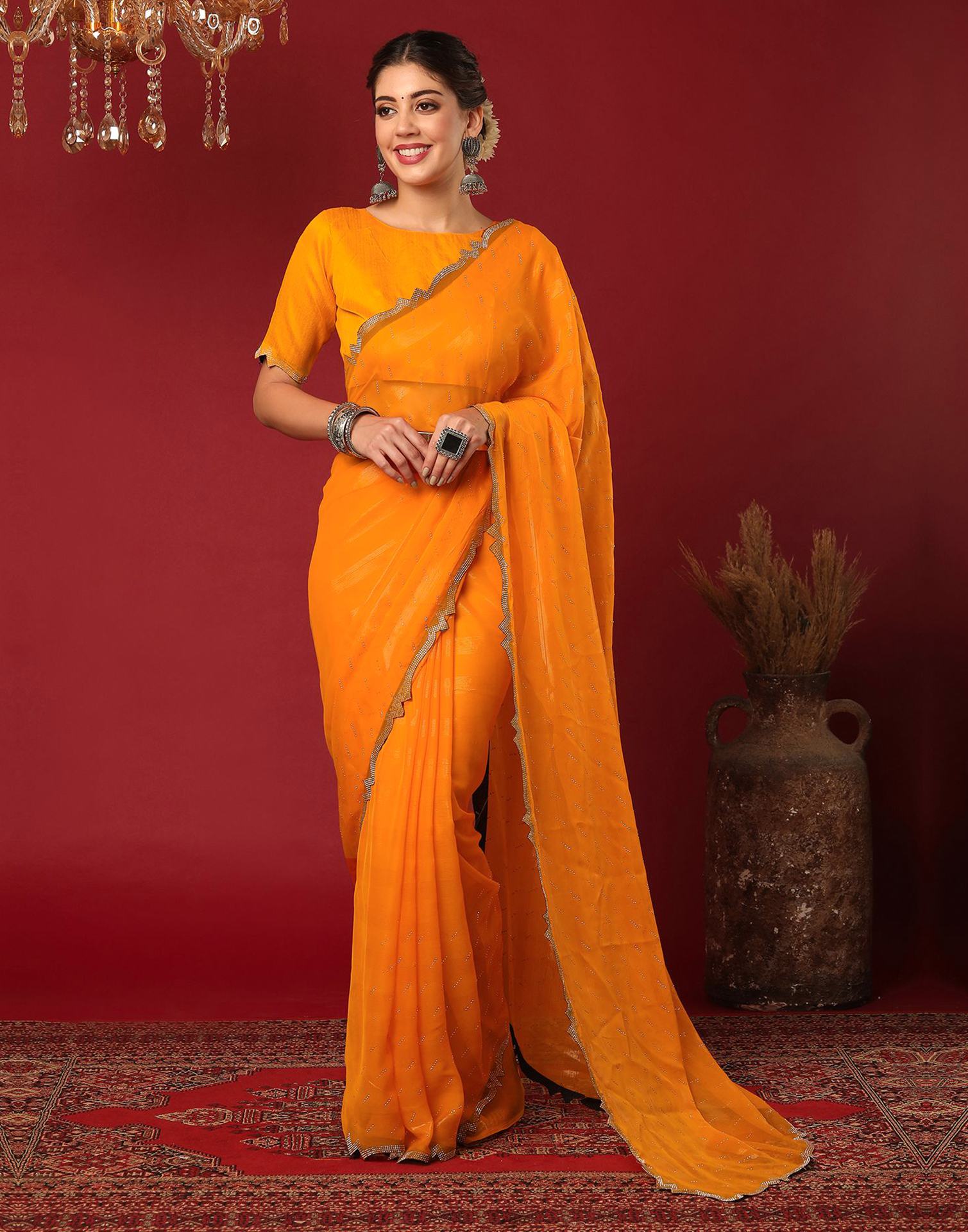 Turmeric Yellow Georgette Stone Work Swarovski Saree