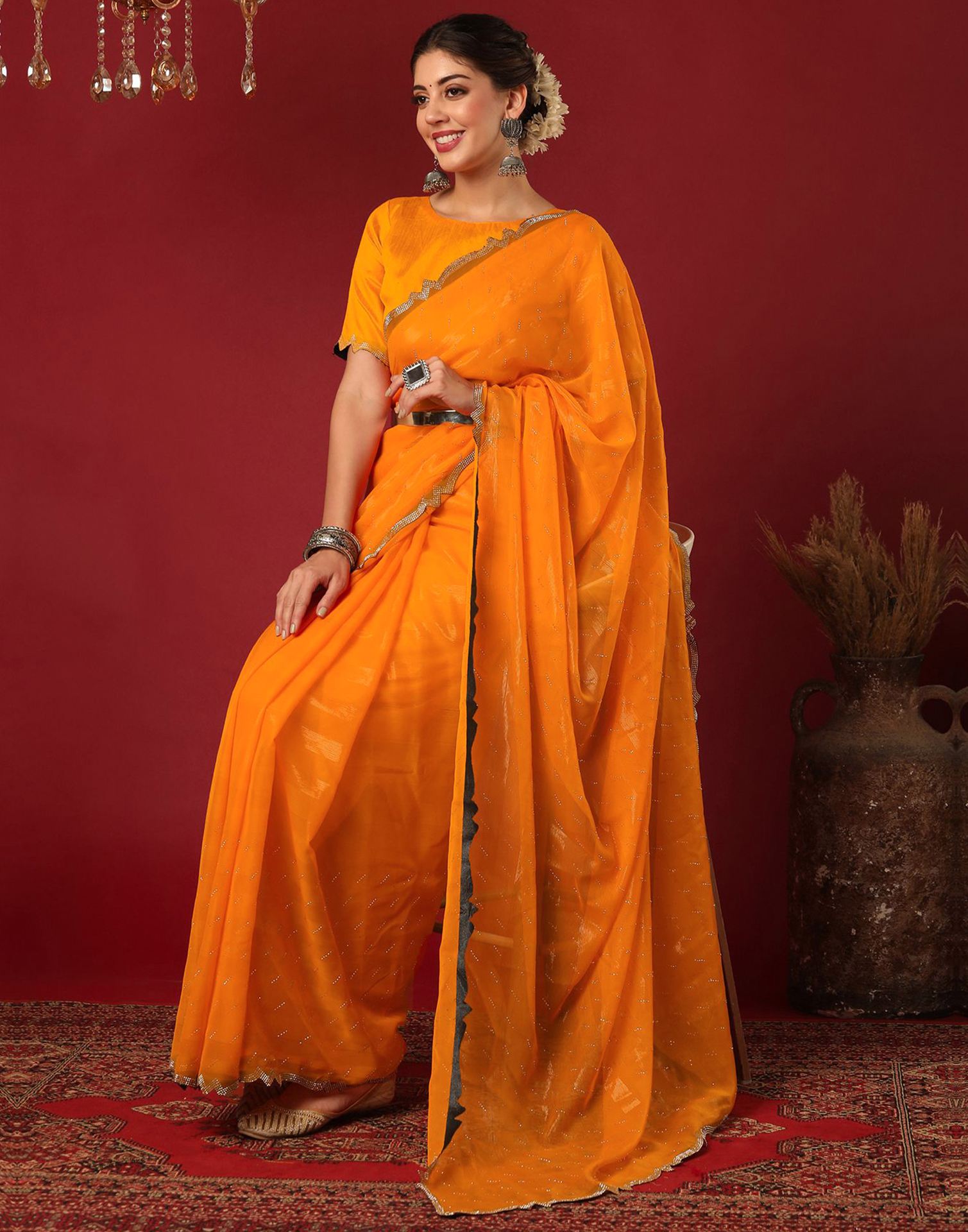 Turmeric Yellow Georgette Stone Work Swarovski Saree