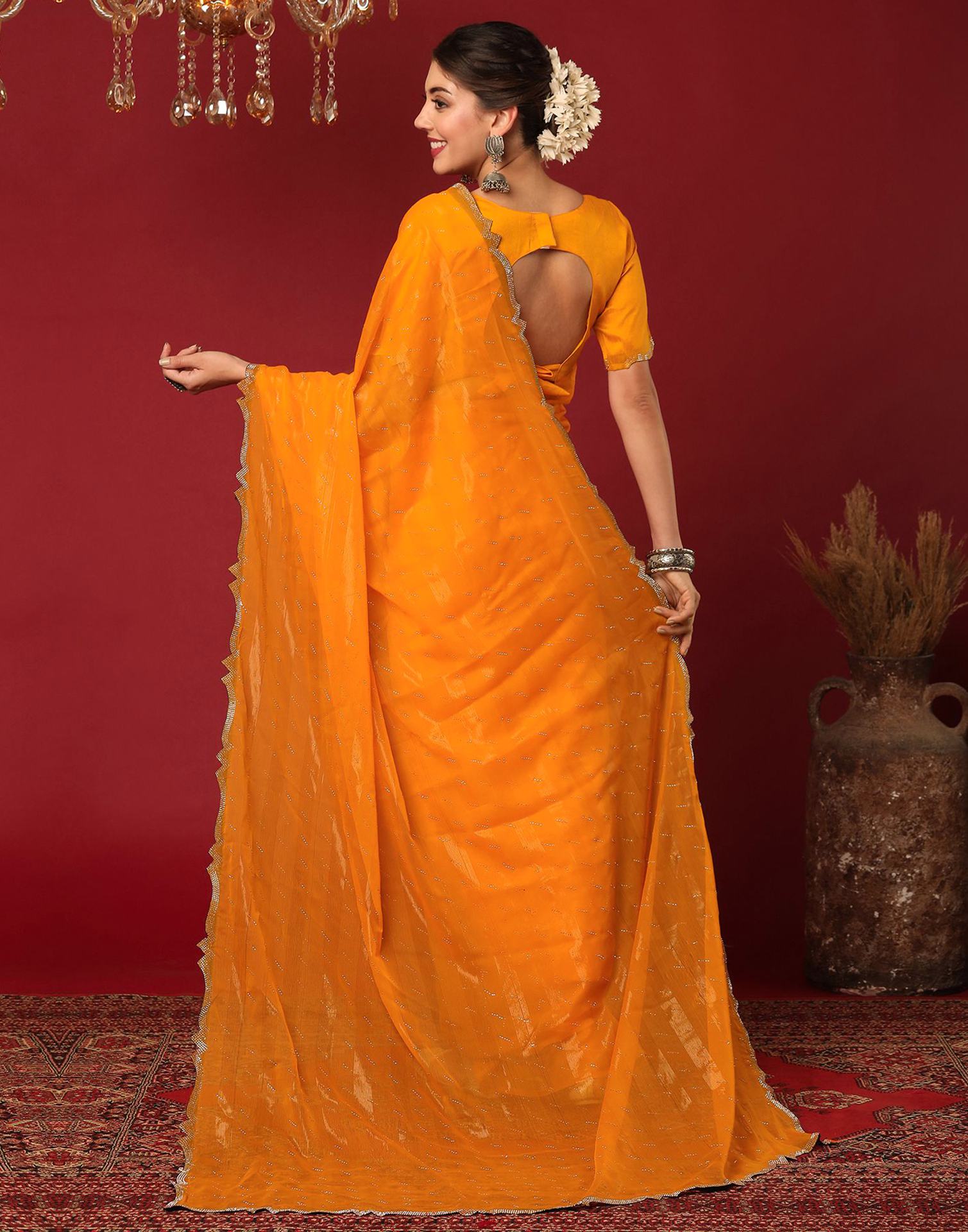 Turmeric Yellow Georgette Stone Work Swarovski Saree