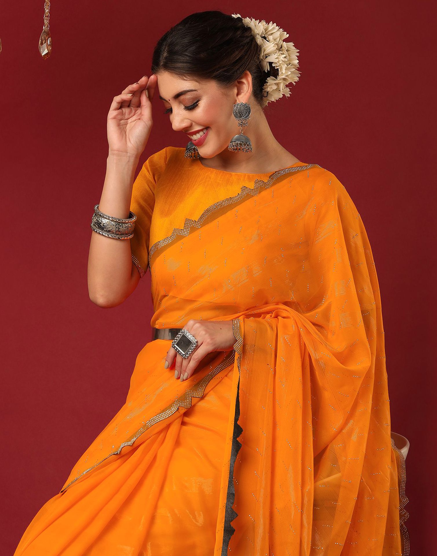 Turmeric Yellow Georgette Stone Work Swarovski Saree