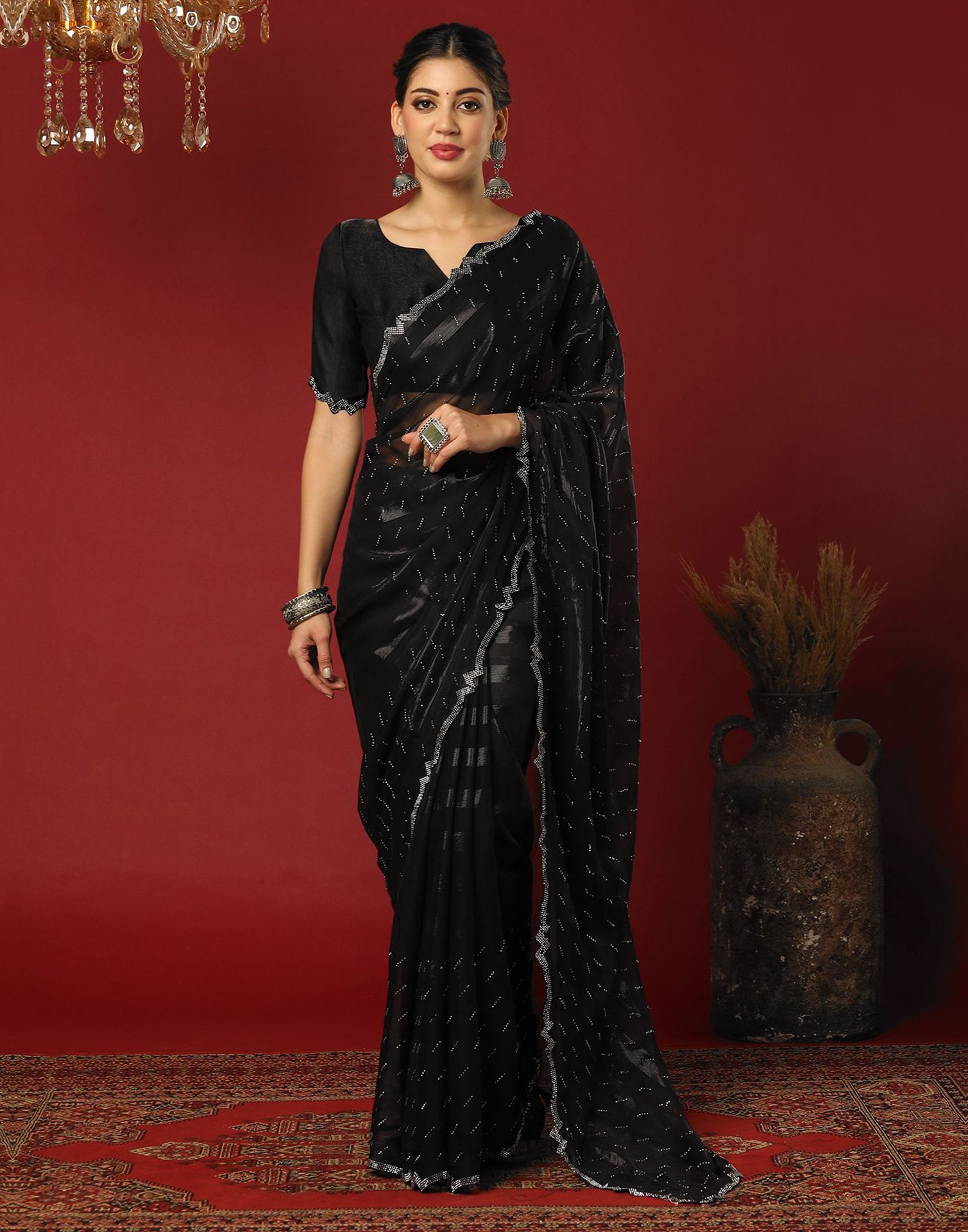 Black Georgette Stone Work Swarovski Saree