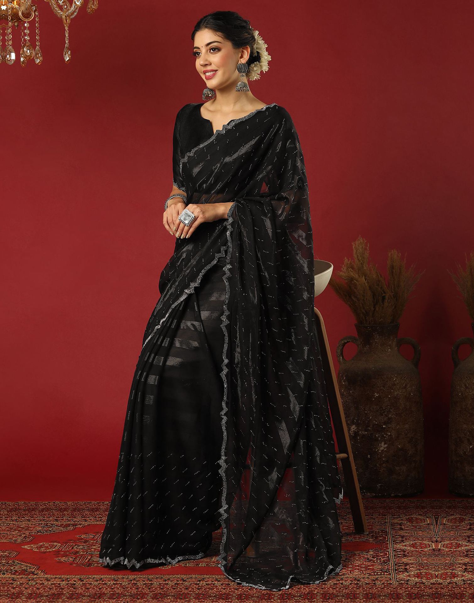 Black Georgette Stone Work Swarovski Saree