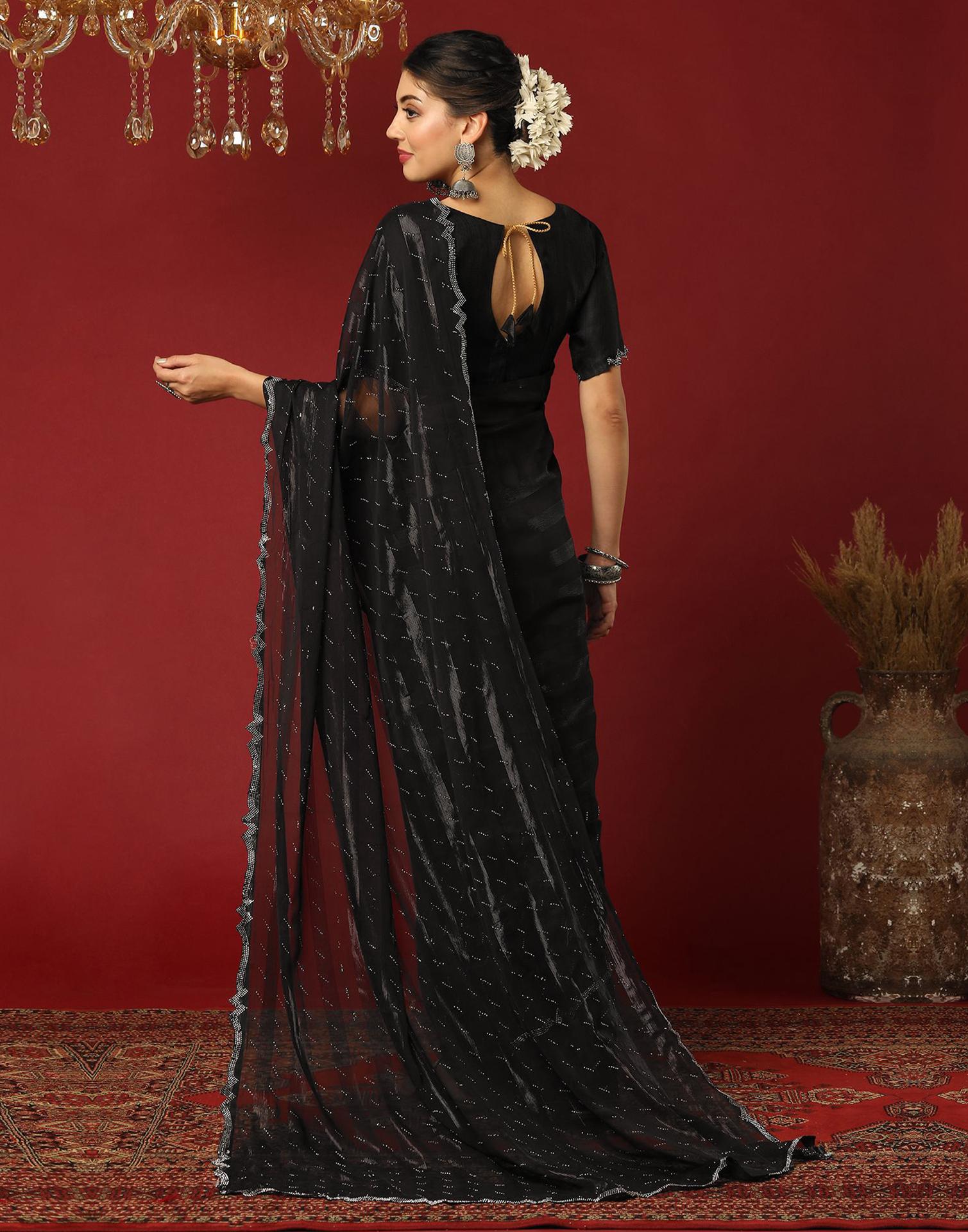 Black Georgette Stone Work Swarovski Saree