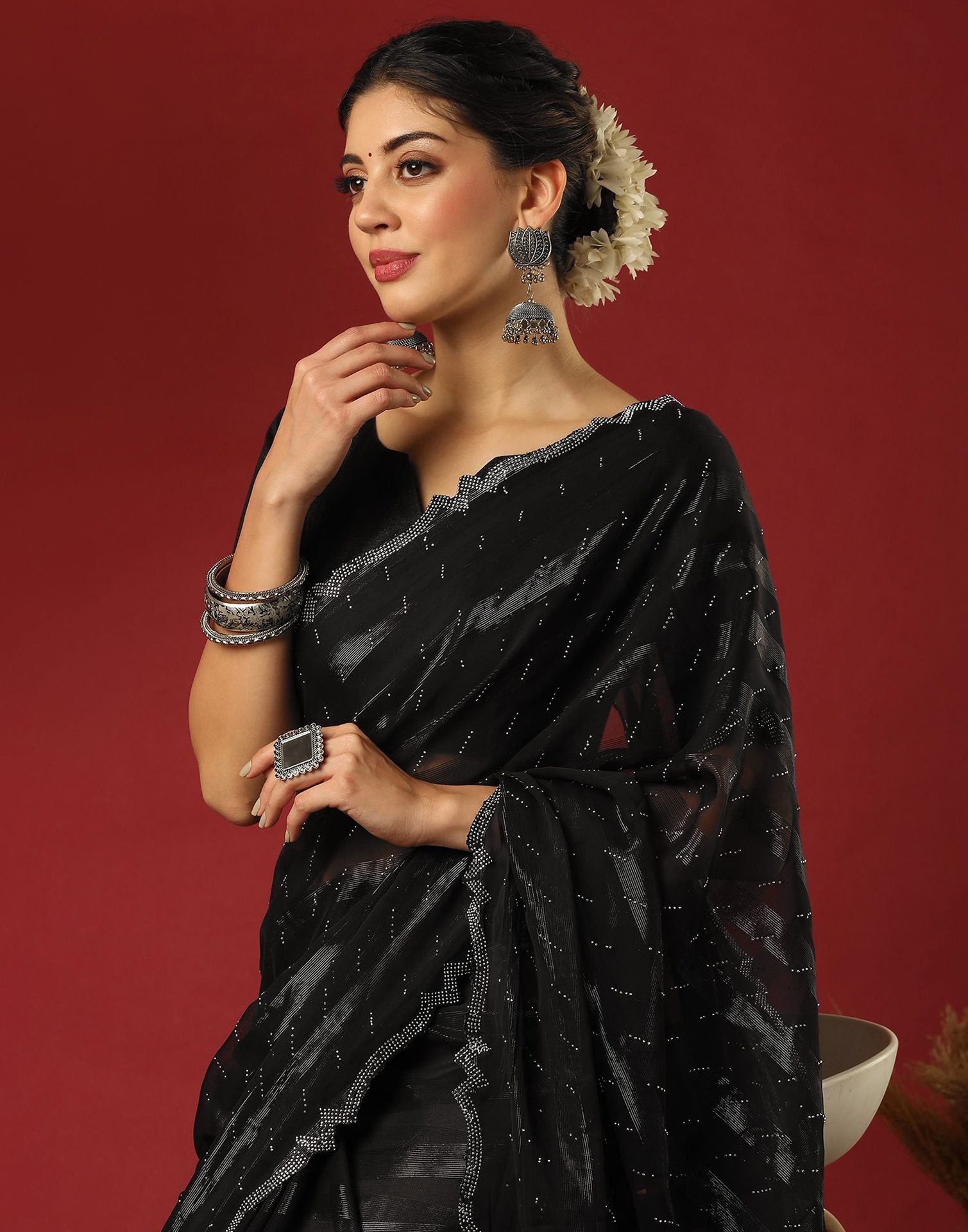 Black Georgette Stone Work Swarovski Saree