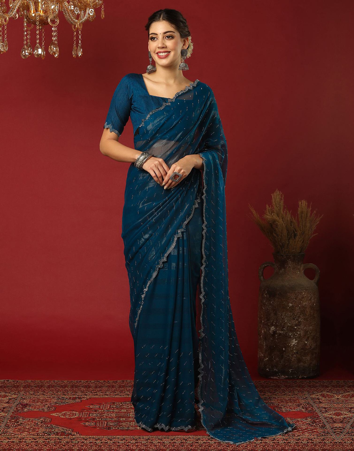 Rama Blue Georgette Stone Work Swarovski Saree