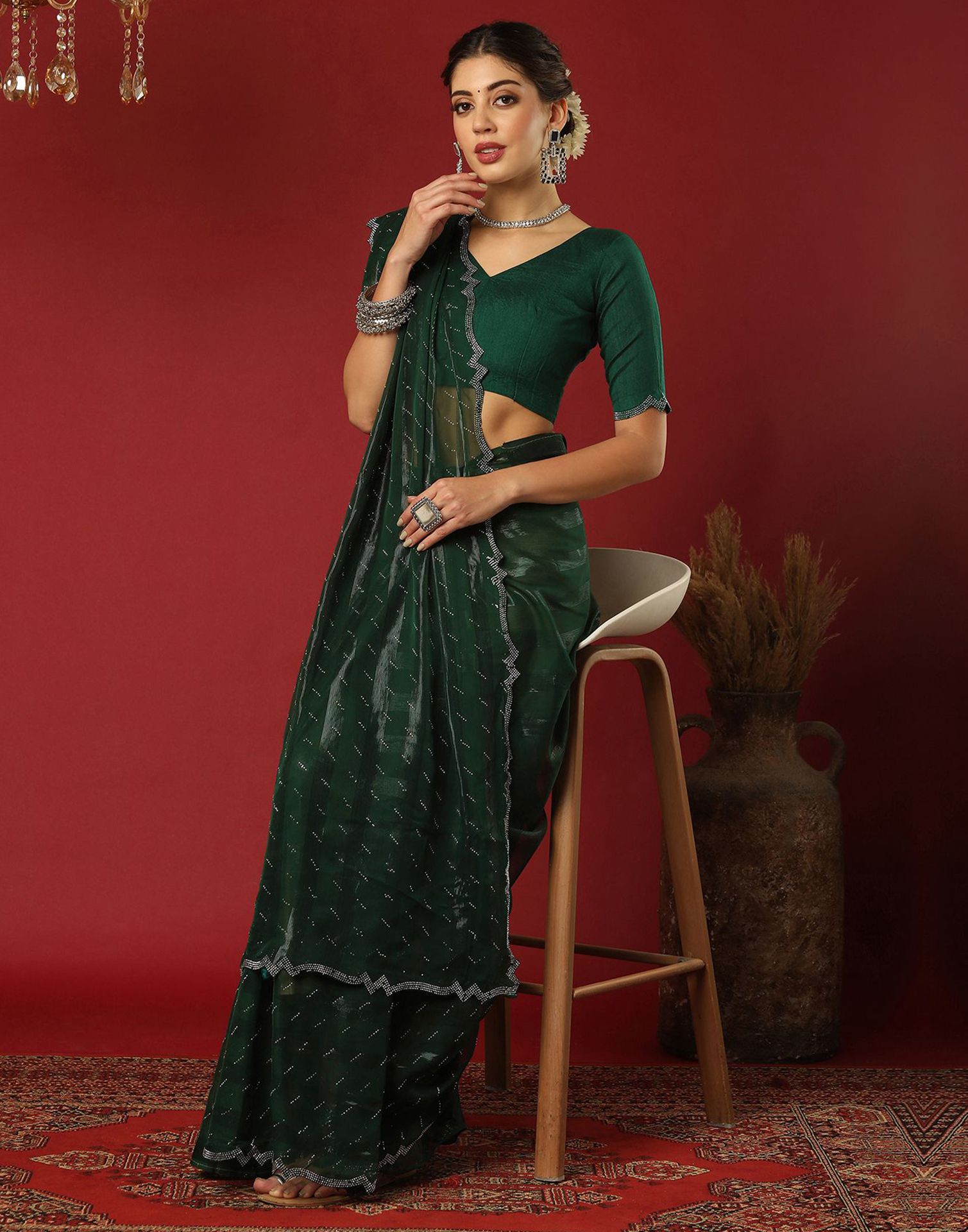 Green Georgette Stone Work Swarovski Saree