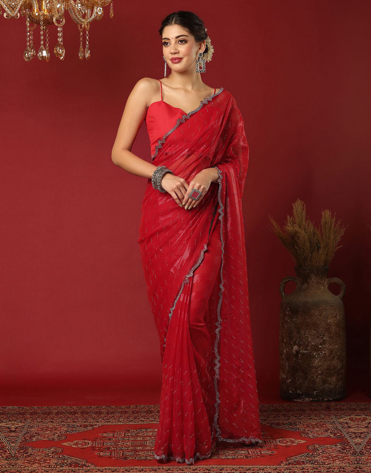 Red Georgette Stone Work Swarovski Saree