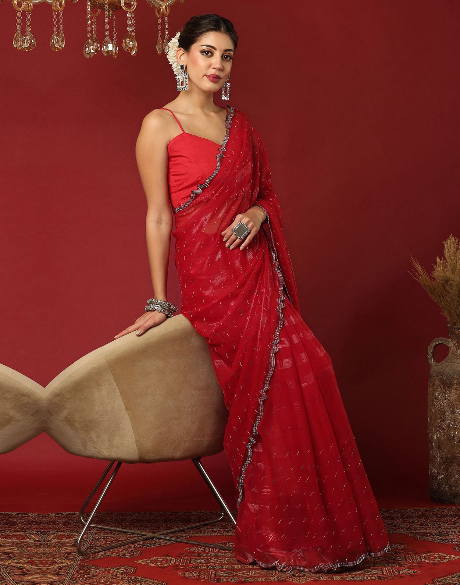 Red Georgette Stone Work Swarovski Saree