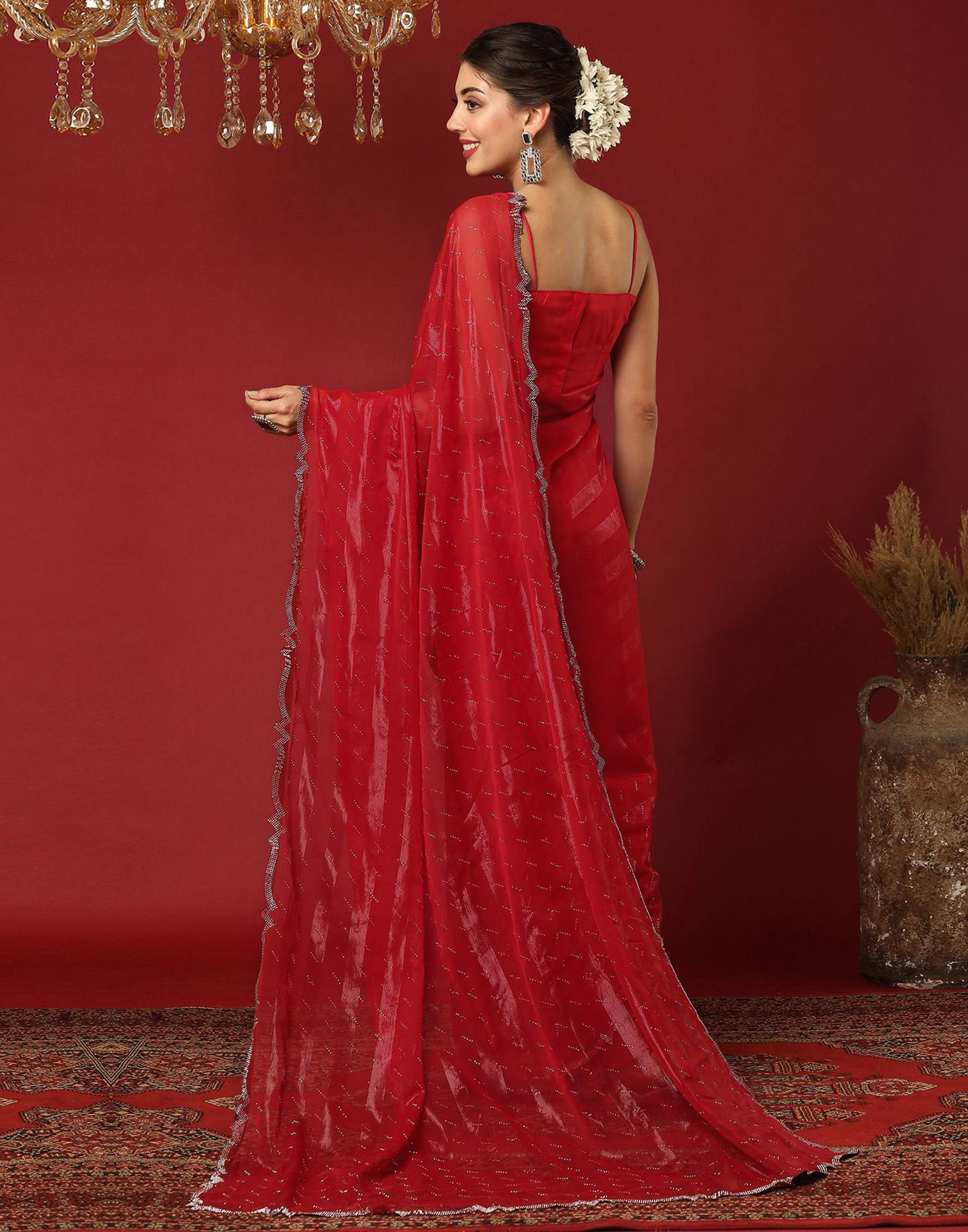 Red Georgette Stone Work Swarovski Saree