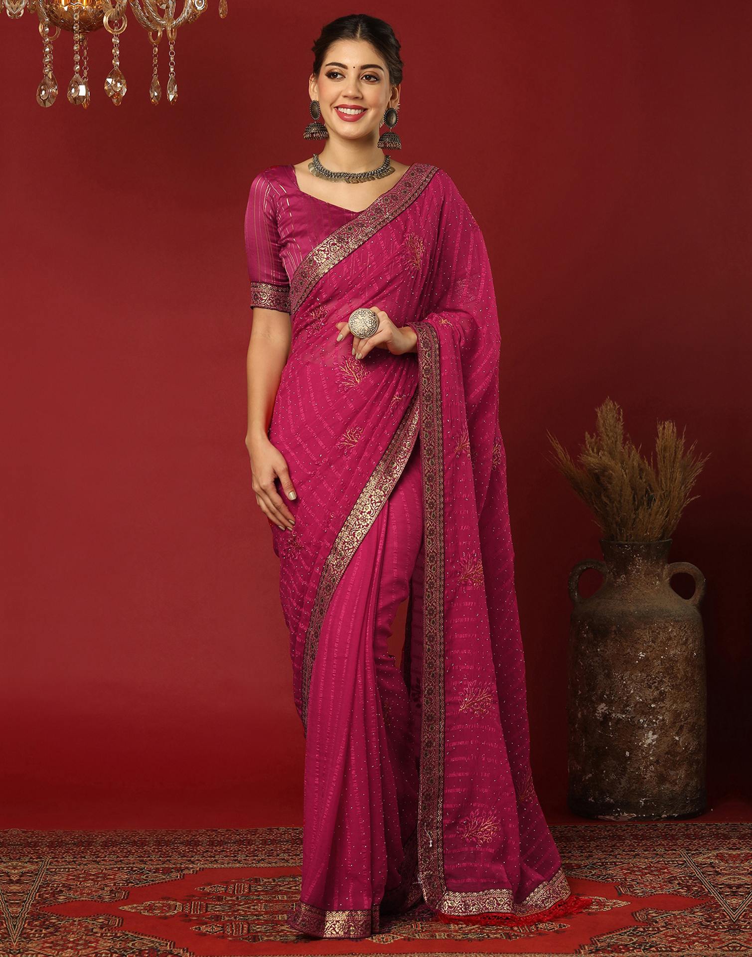 Rani Pink Chiffon Stone Work Swarovski Saree