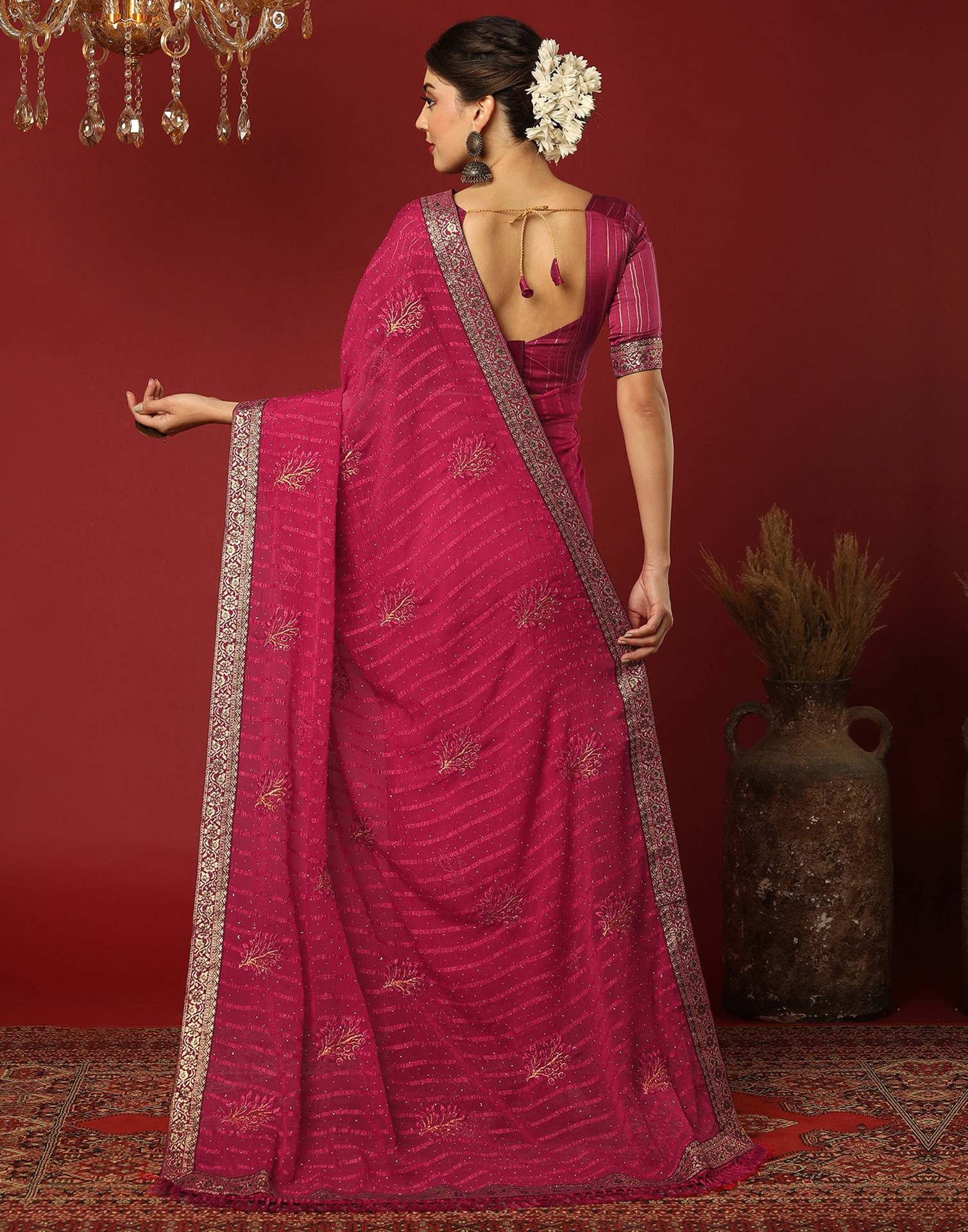 Rani Pink Chiffon Stone Work Swarovski Saree