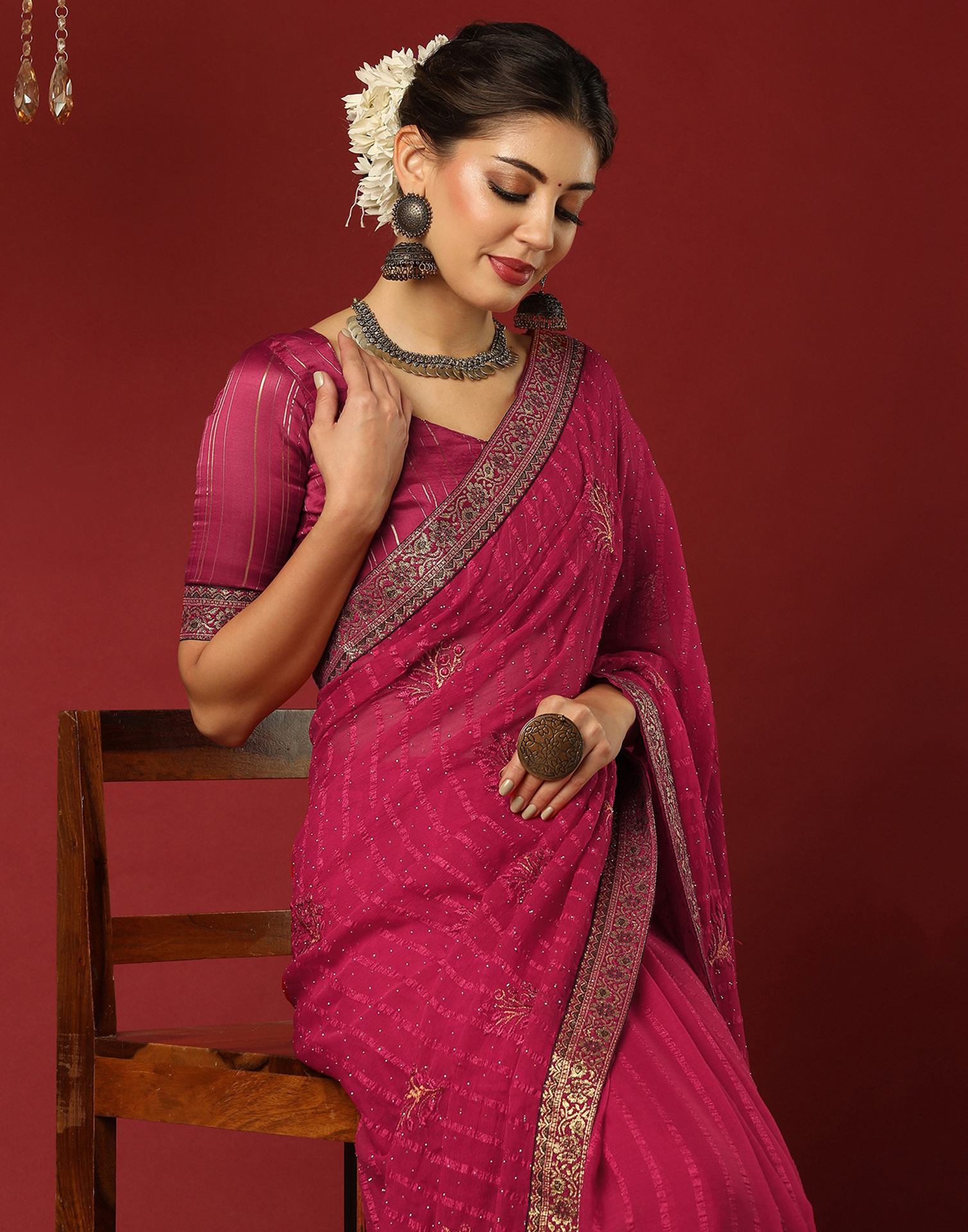 Rani Pink Chiffon Stone Work Swarovski Saree