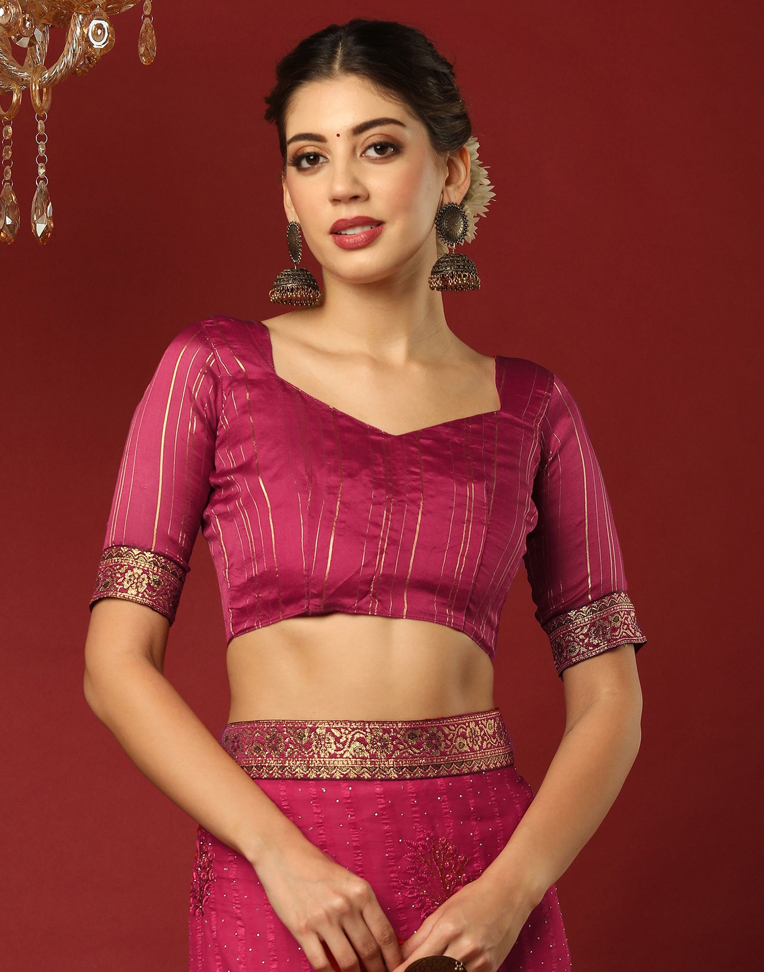 Rani Pink Chiffon Stone Work Swarovski Saree