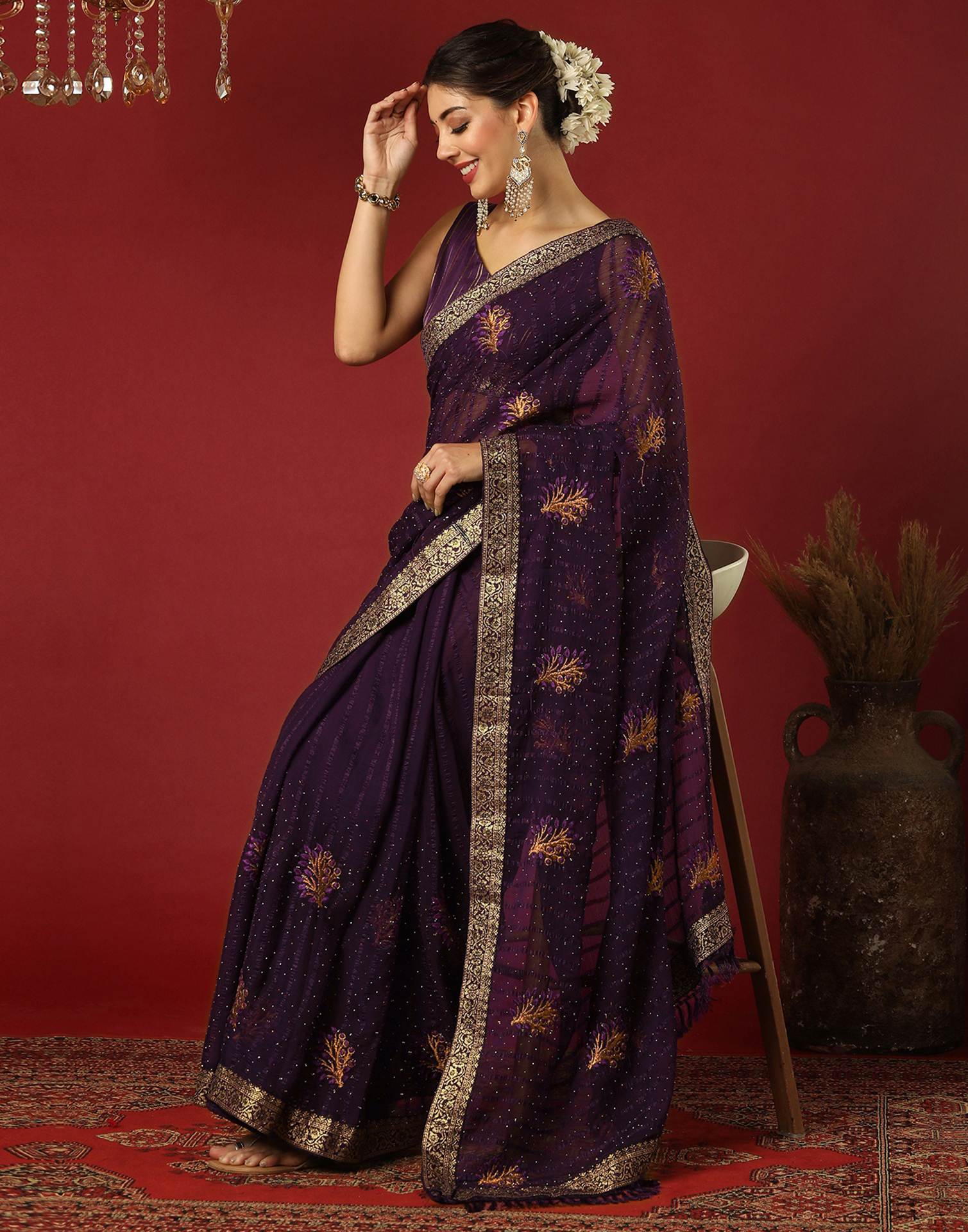 Dark Purple Chiffon Stone Work Swarovski Saree