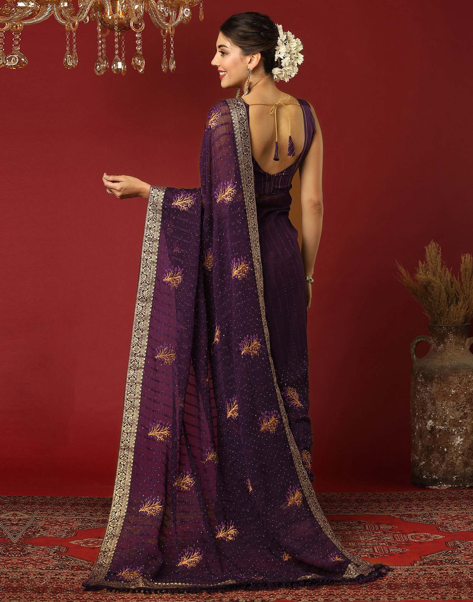 Dark Purple Chiffon Stone Work Swarovski Saree