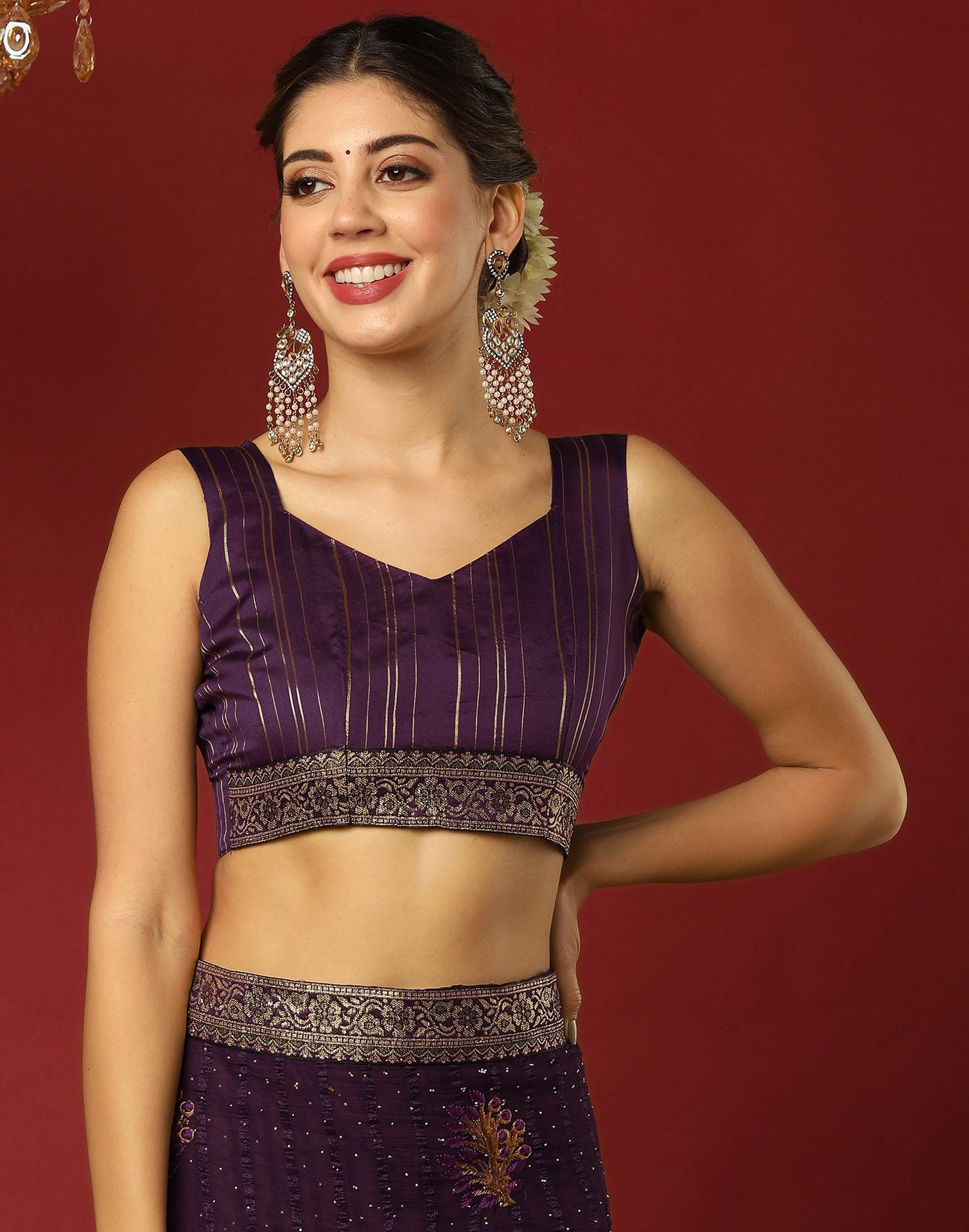 Dark Purple Chiffon Stone Work Swarovski Saree