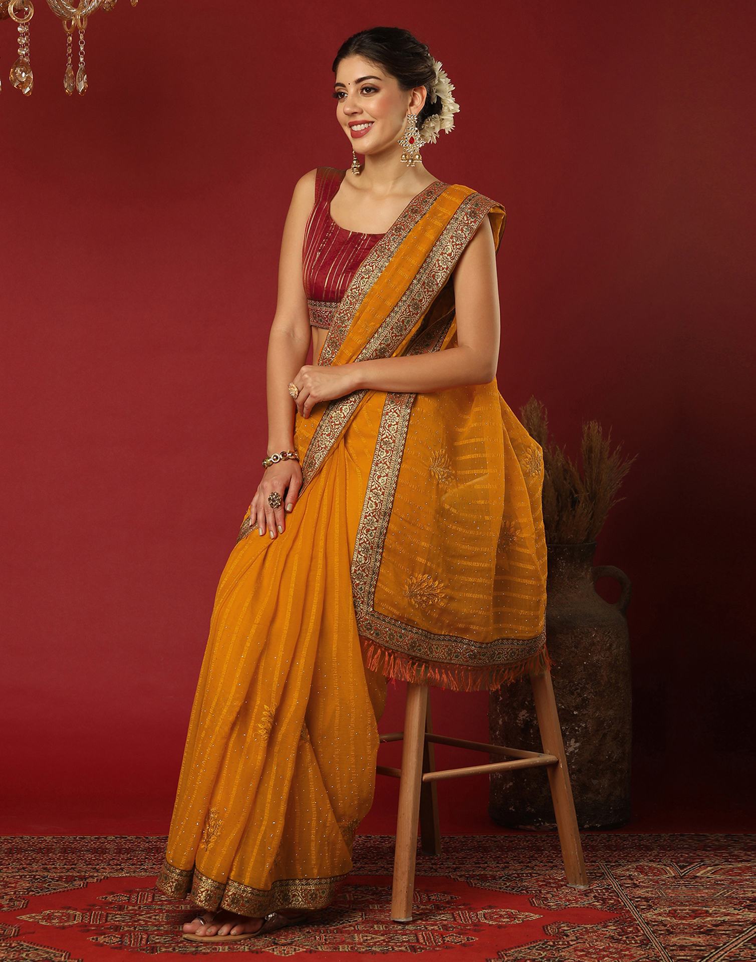 Turmeric Yellow Chiffon Stone Work Swarovski Saree
