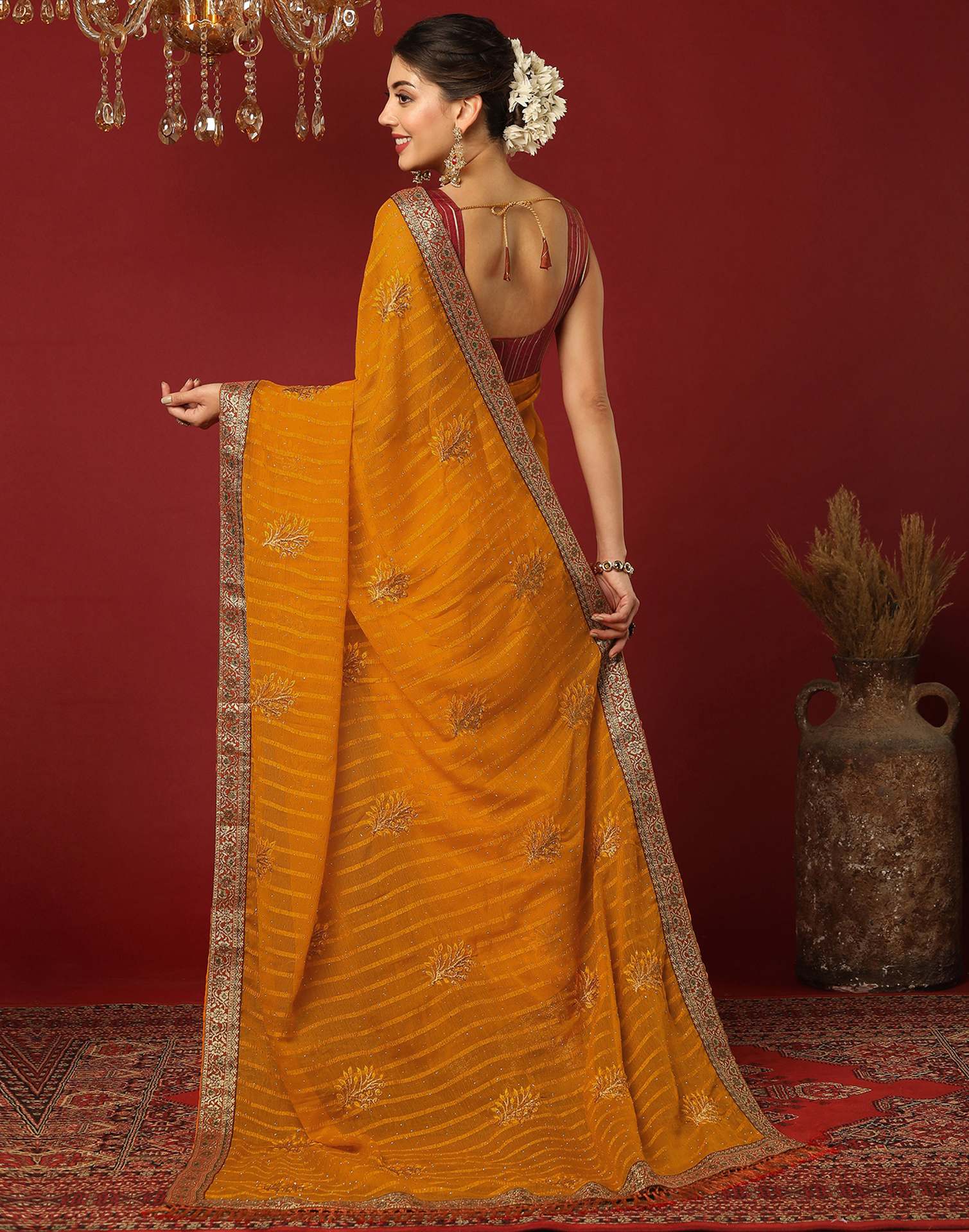 Turmeric Yellow Chiffon Stone Work Swarovski Saree