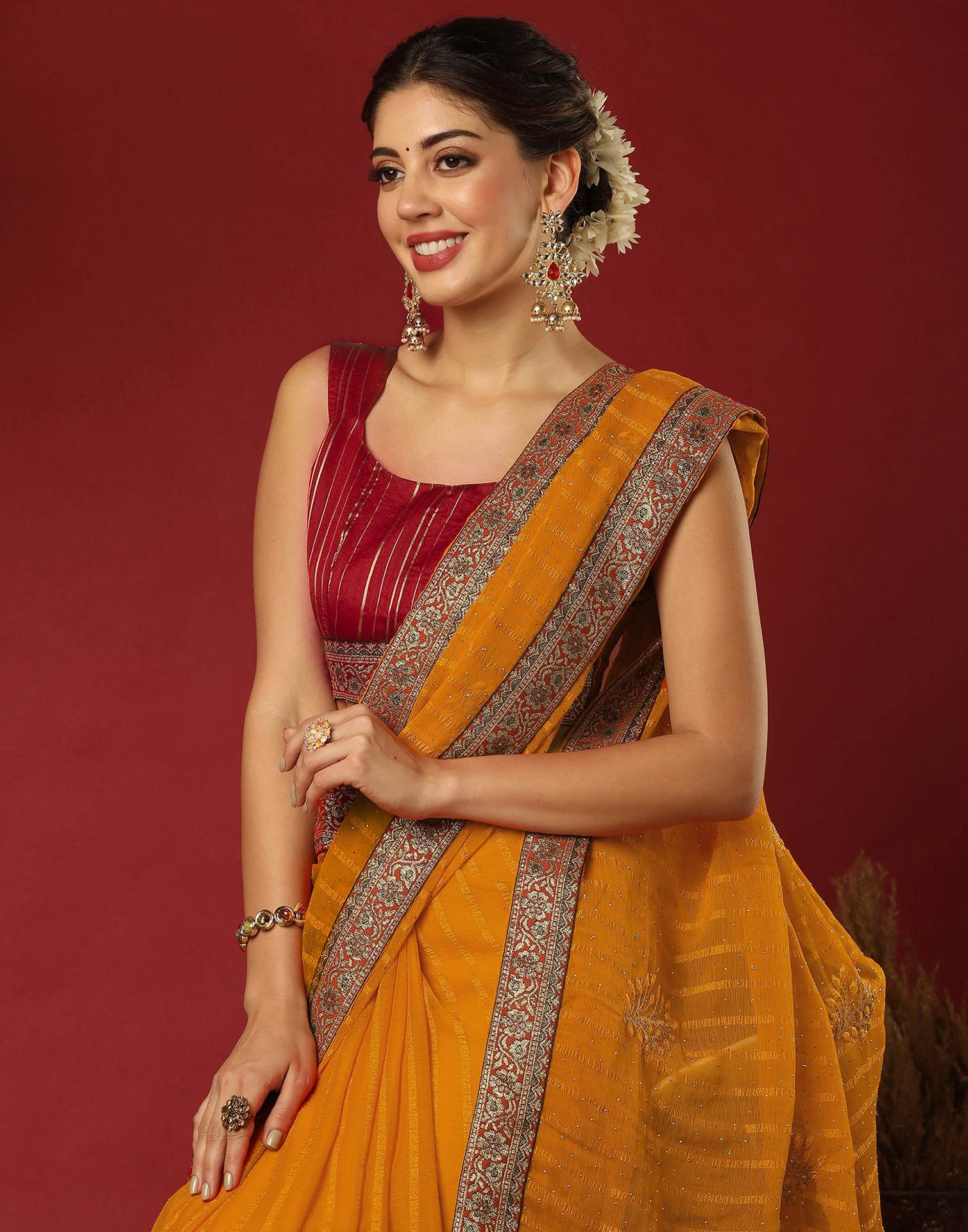 Turmeric Yellow Chiffon Stone Work Swarovski Saree