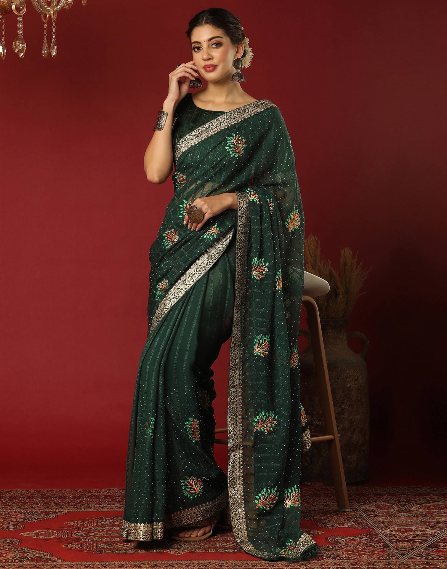 Dark Green Chiffon Stone Work Swarovski Saree