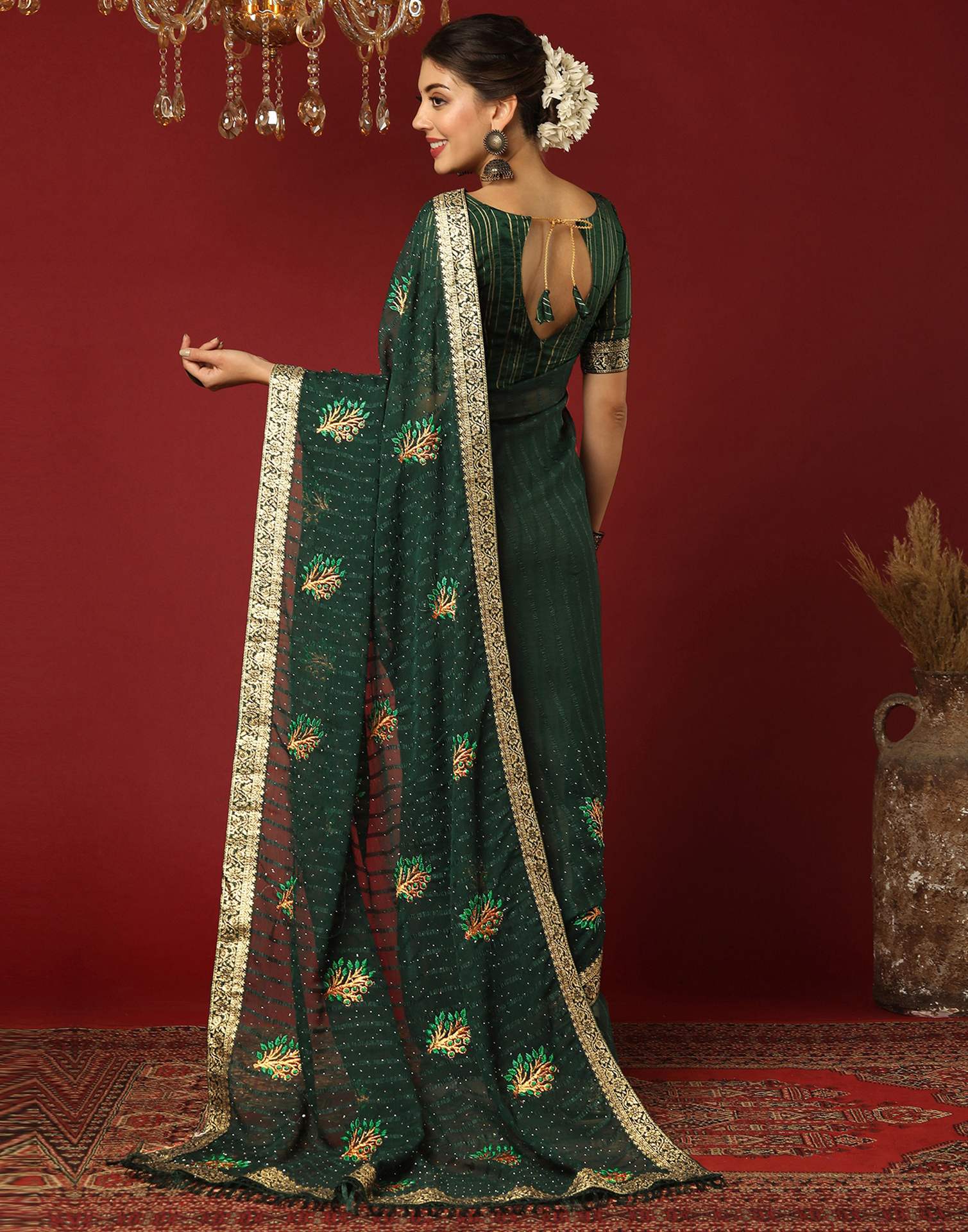 Dark Green Chiffon Stone Work Swarovski Saree