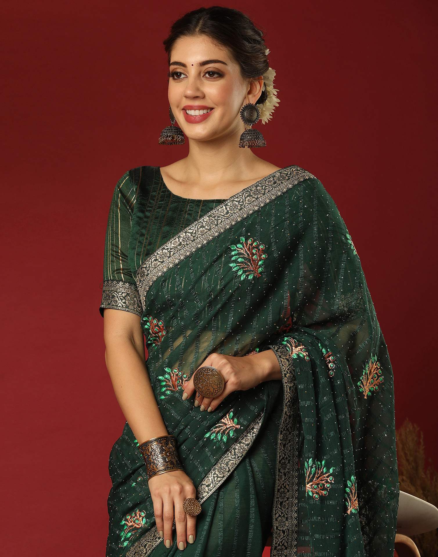 Dark Green Chiffon Stone Work Swarovski Saree