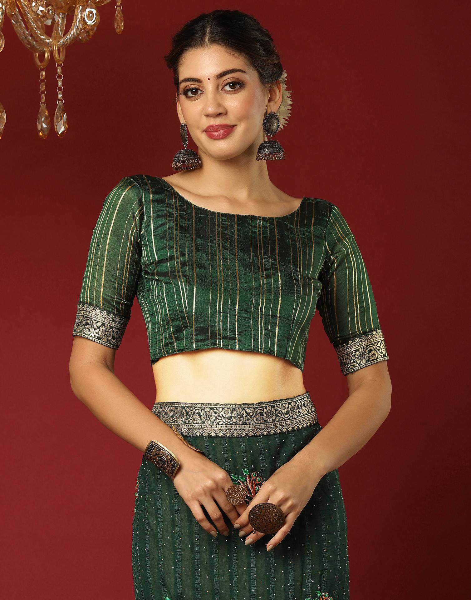 Dark Green Chiffon Stone Work Swarovski Saree