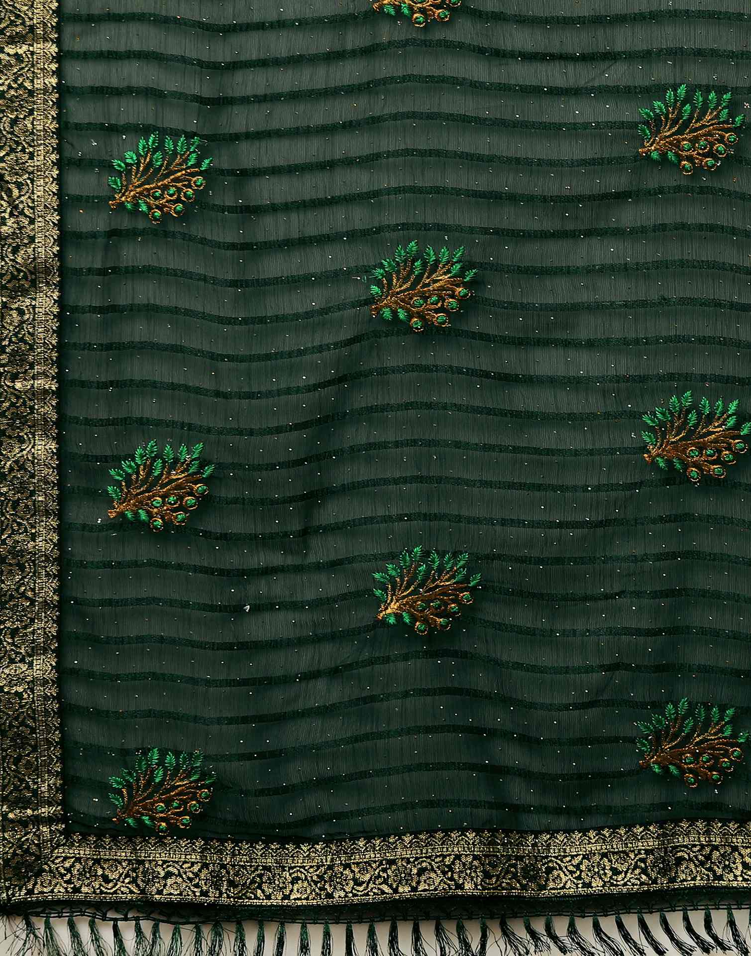Dark Green Chiffon Stone Work Swarovski Saree