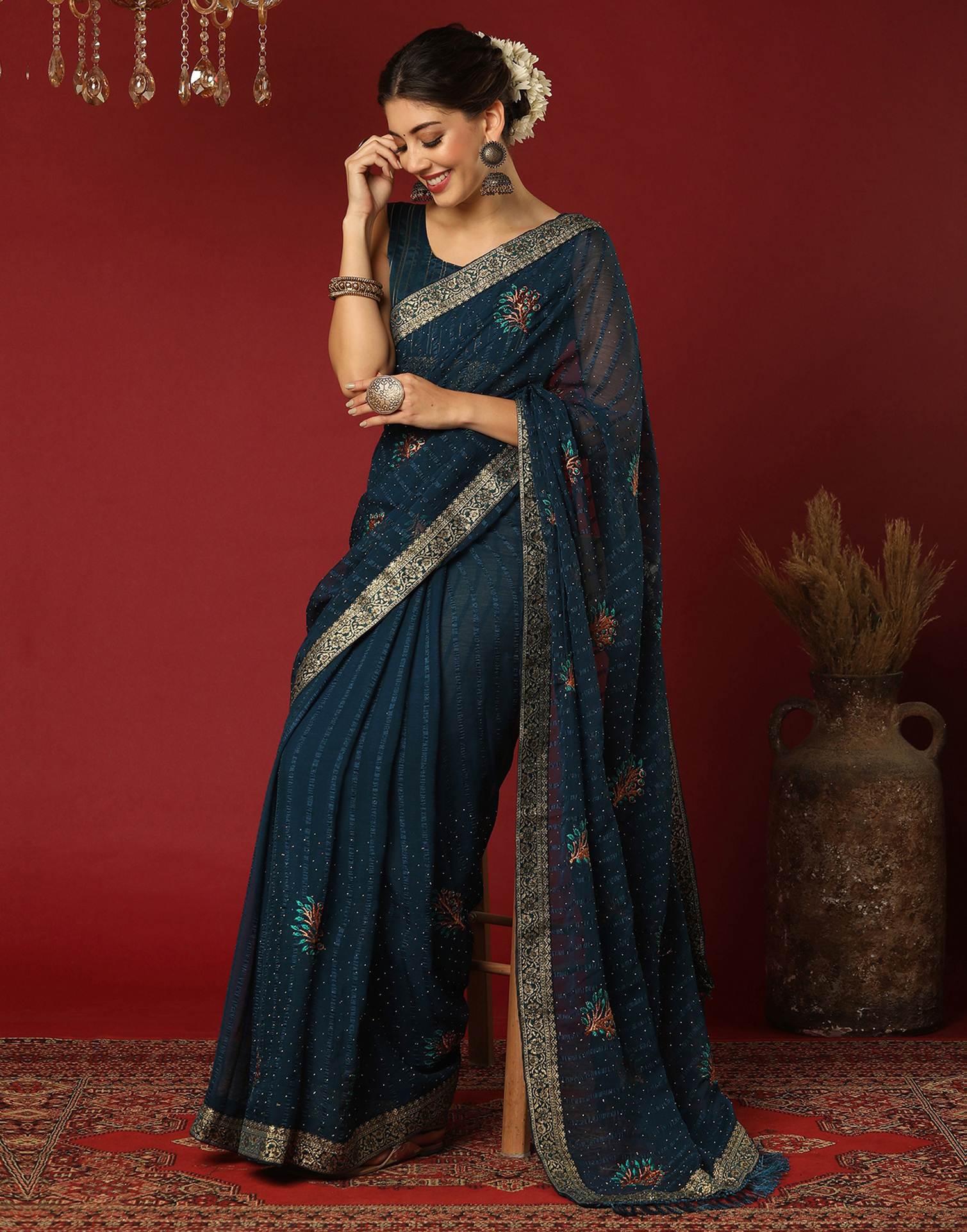 Rama Blue Chiffon Stone Work Swarovski Saree