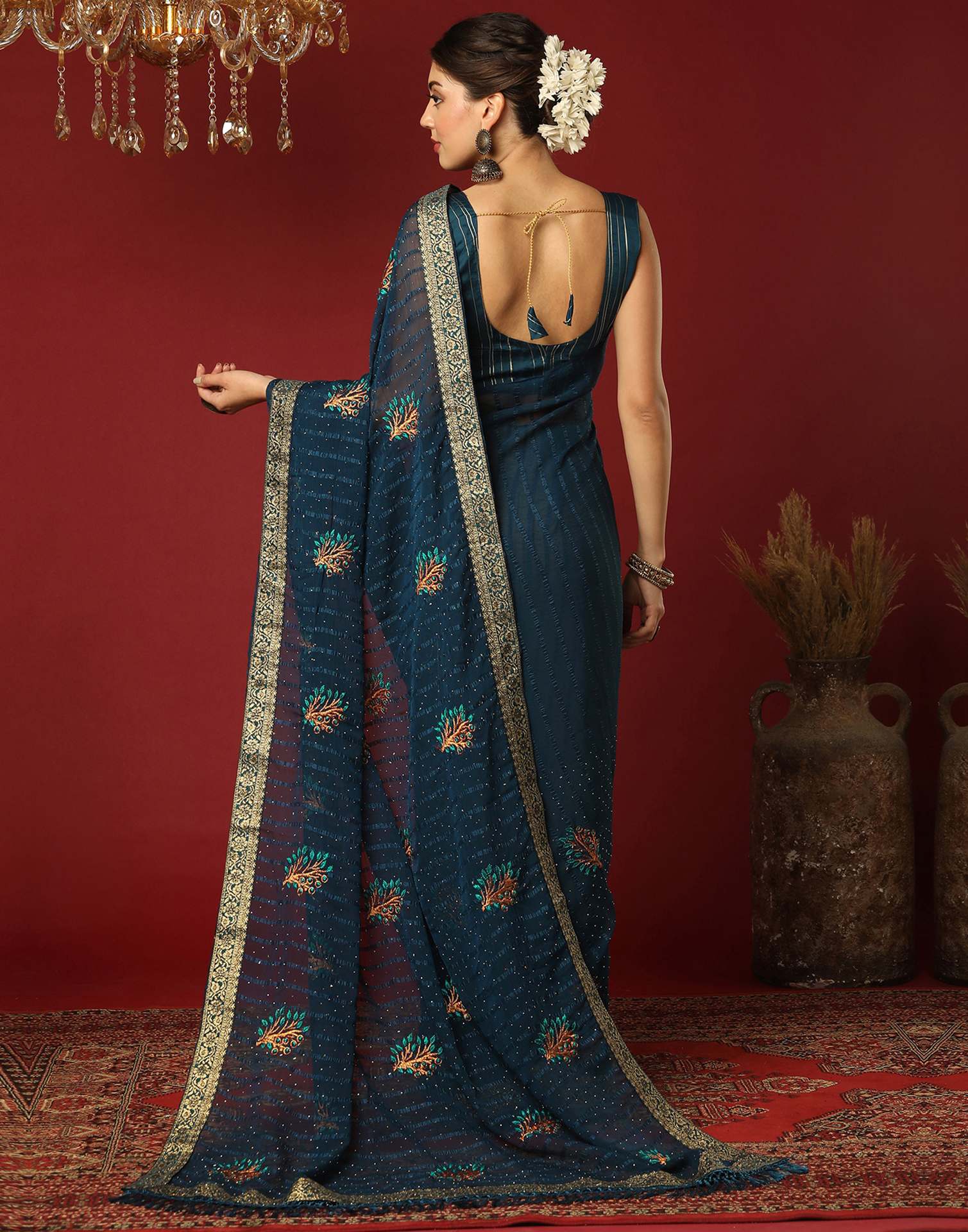 Rama Blue Chiffon Stone Work Swarovski Saree