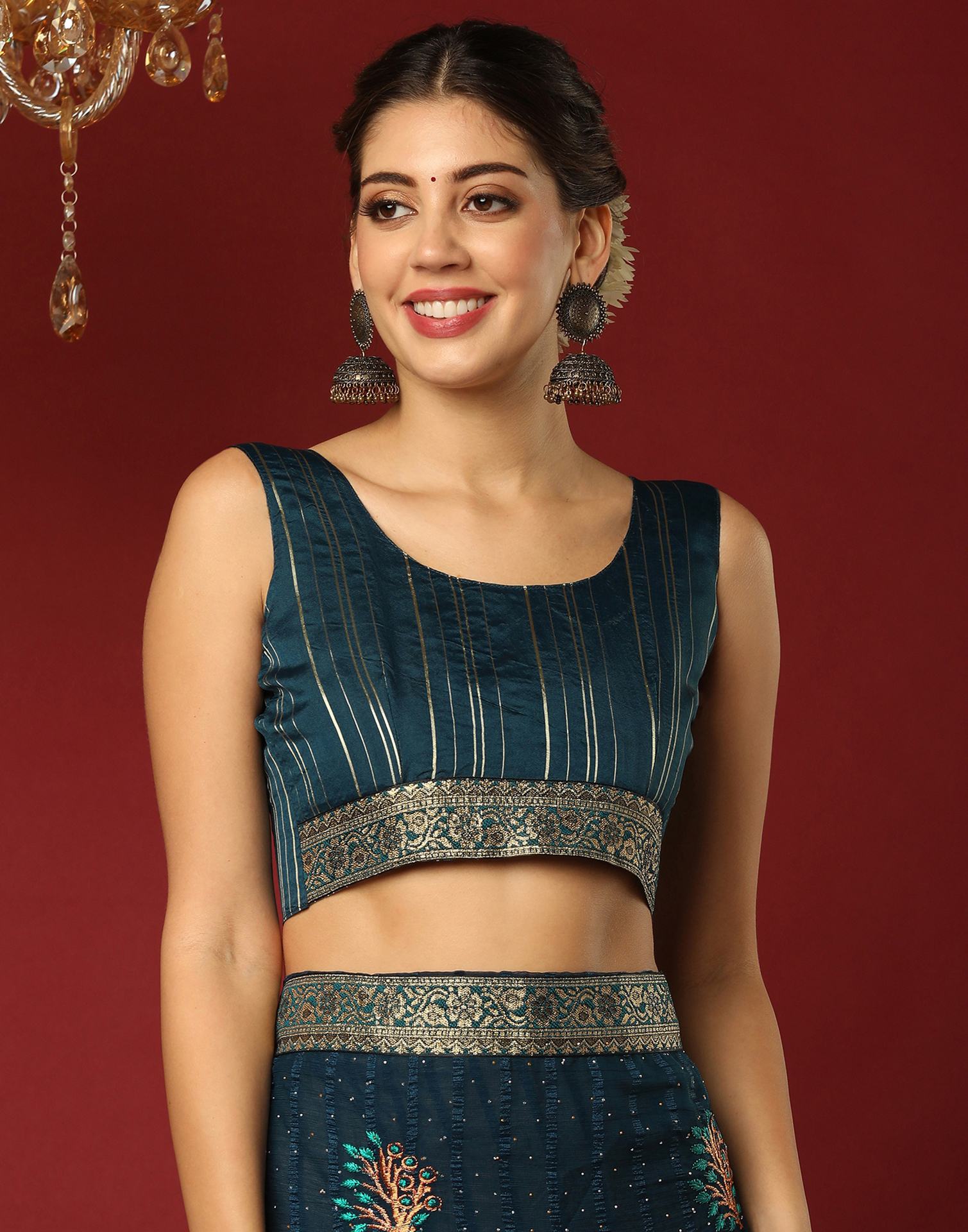 Rama Blue Chiffon Stone Work Swarovski Saree