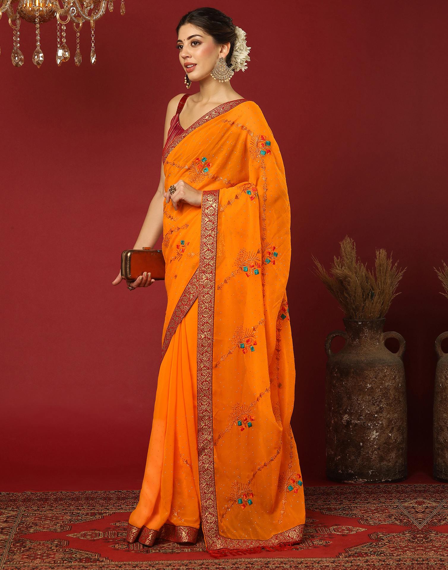 Turmeric Yellow Georgette Stone Work Swarovski Saree