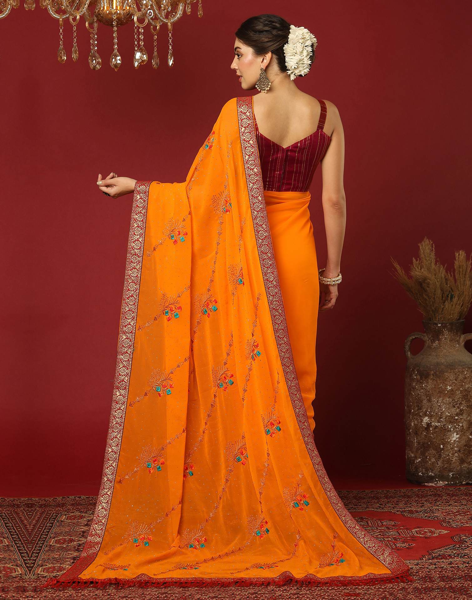 Turmeric Yellow Georgette Stone Work Swarovski Saree