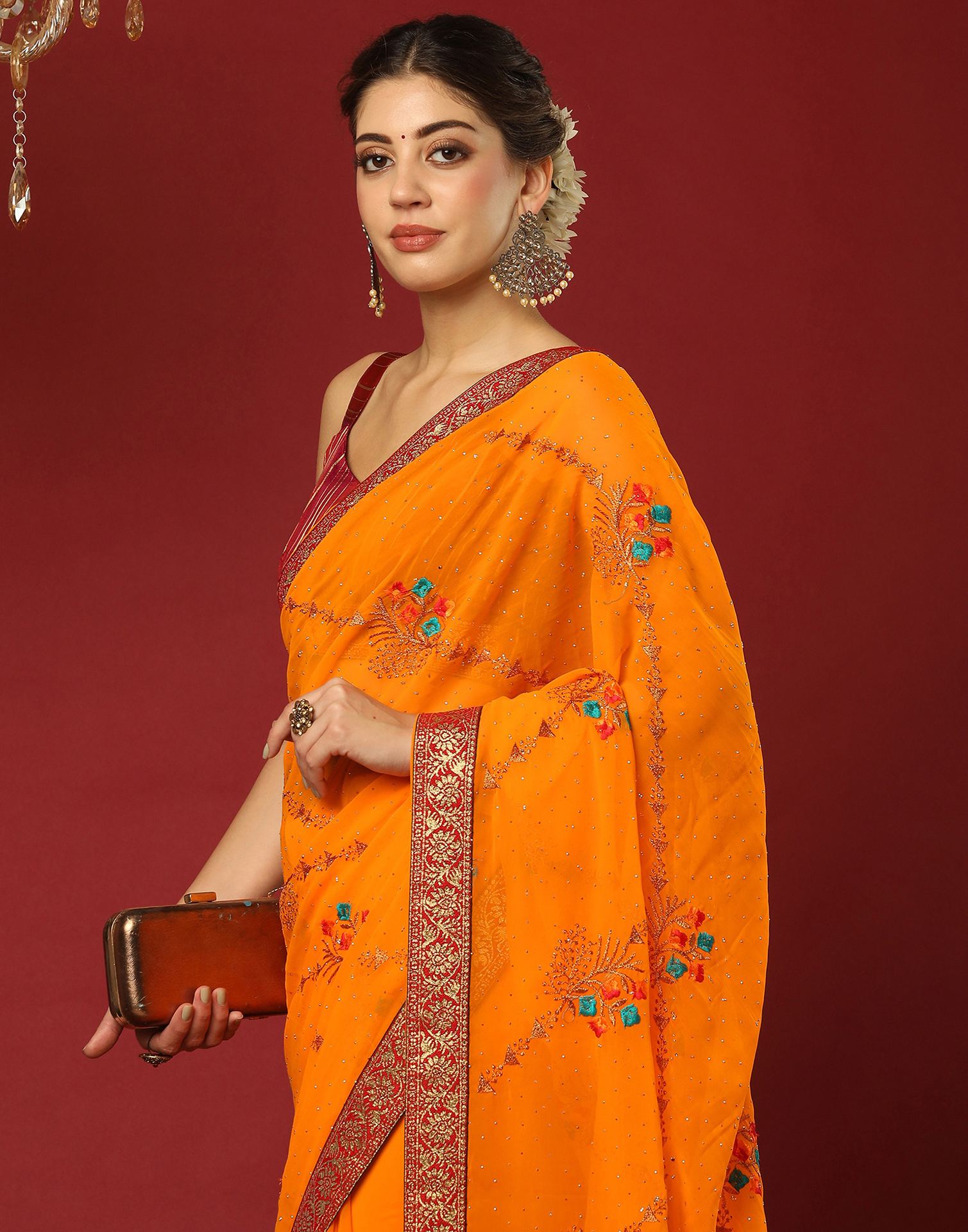 Turmeric Yellow Georgette Stone Work Swarovski Saree