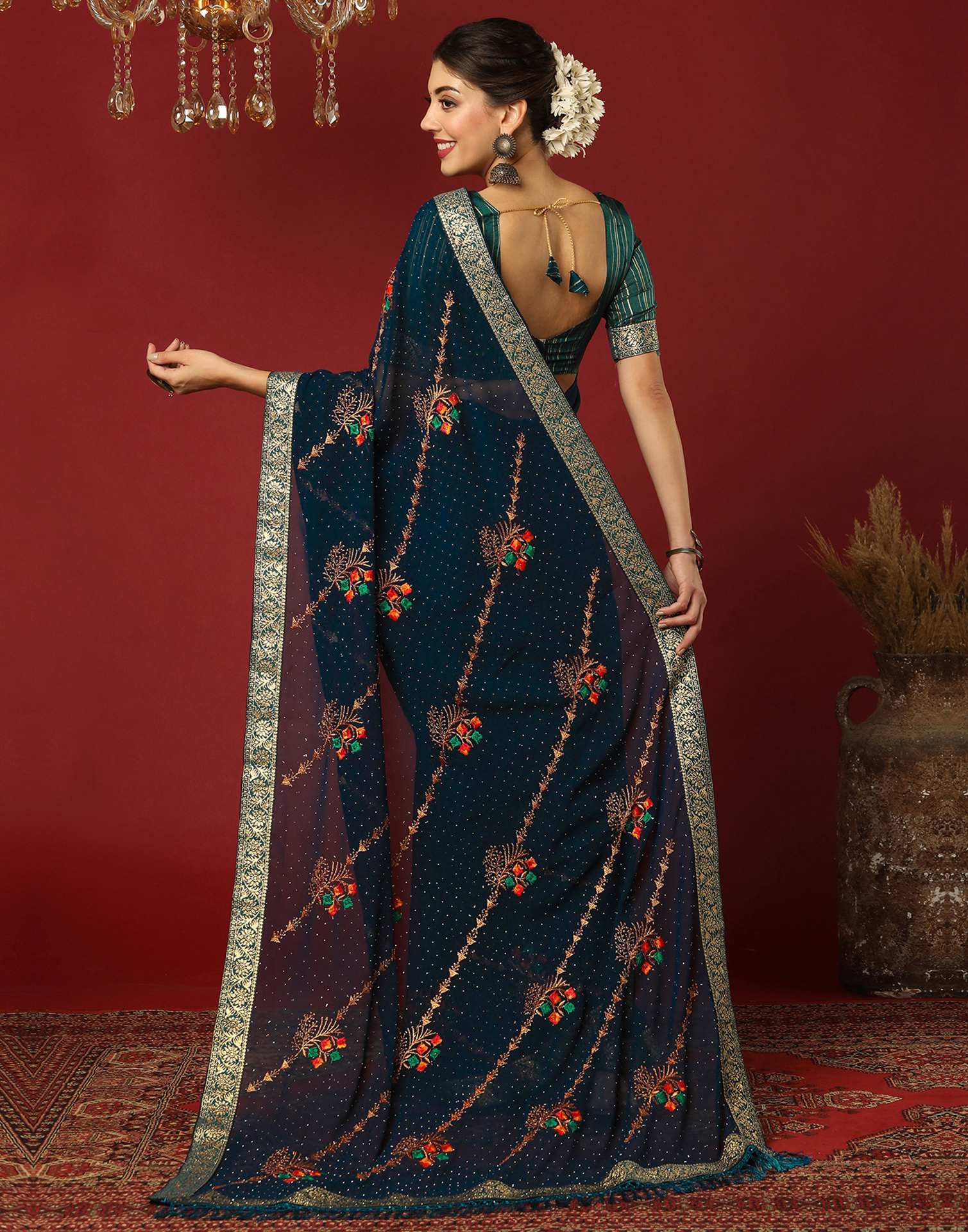 Rama Blue Georgette Stone Work Swarovski Saree