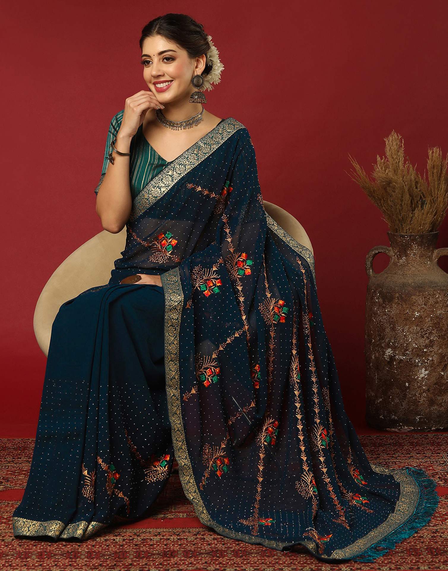 Rama Blue Georgette Stone Work Swarovski Saree