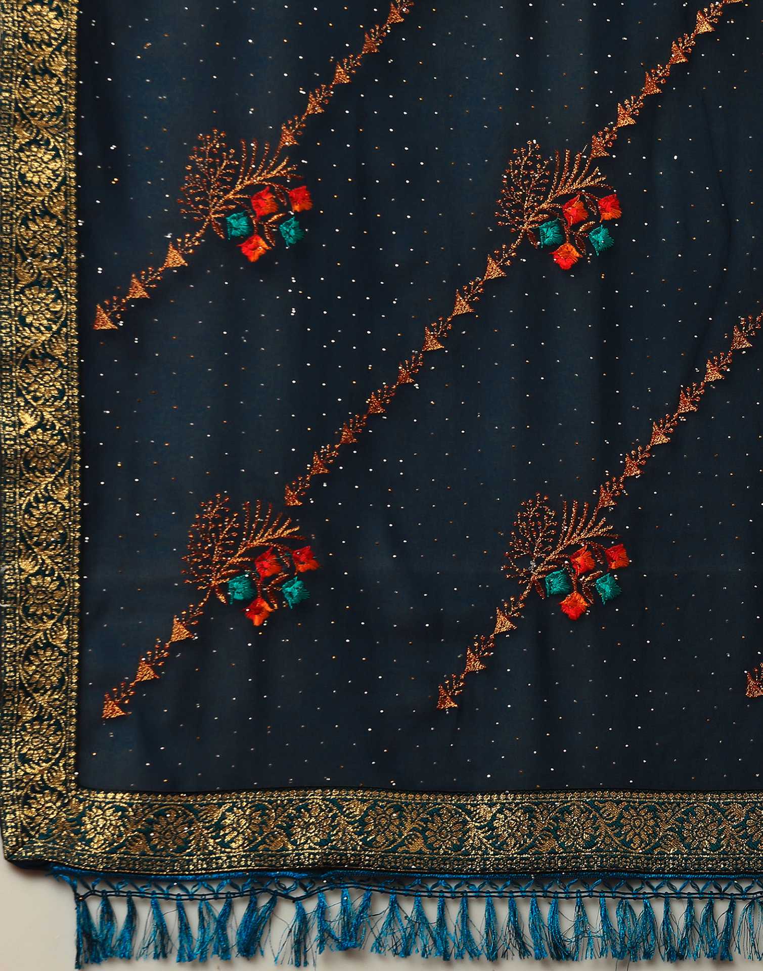 Rama Blue Georgette Stone Work Swarovski Saree
