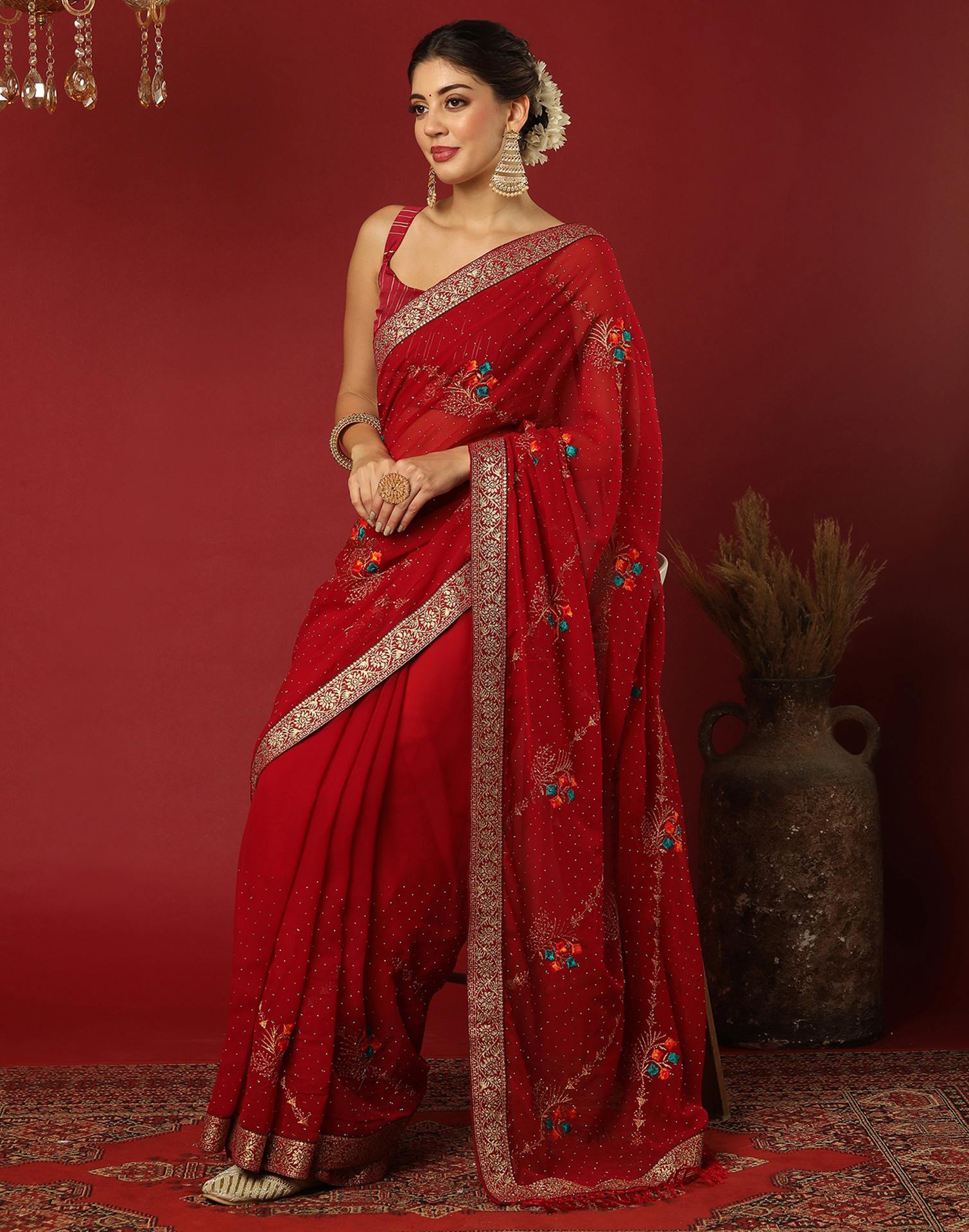Red Georgette Stone Work Swarovski Saree